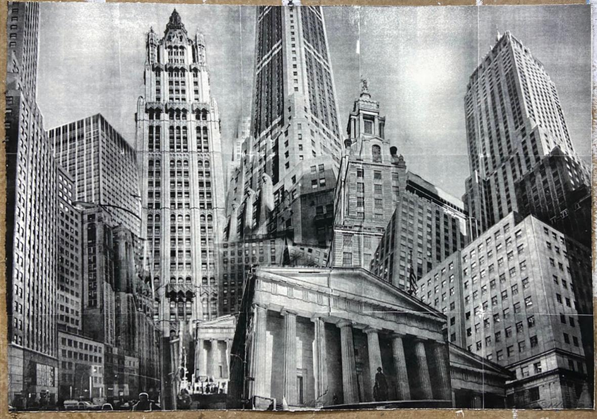 Esteban Chavez Landscape Print - Wall Street 1, 25.5 x 36 inches, black/white lithograph, abstract urban city NY
