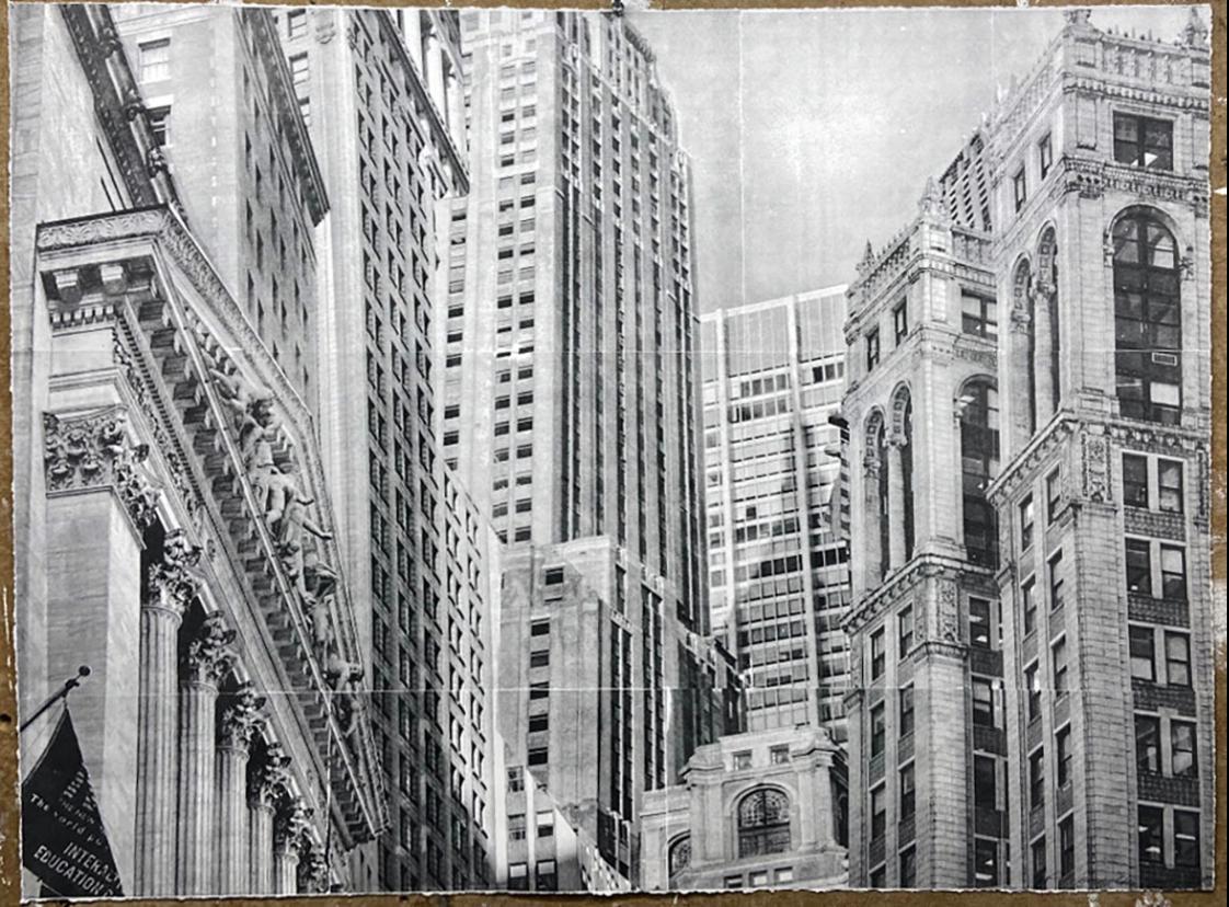 Esteban Chavez Landscape Print - Wall Street 2, black & white 25.5" X 36" lithograph abstract urban street NYC