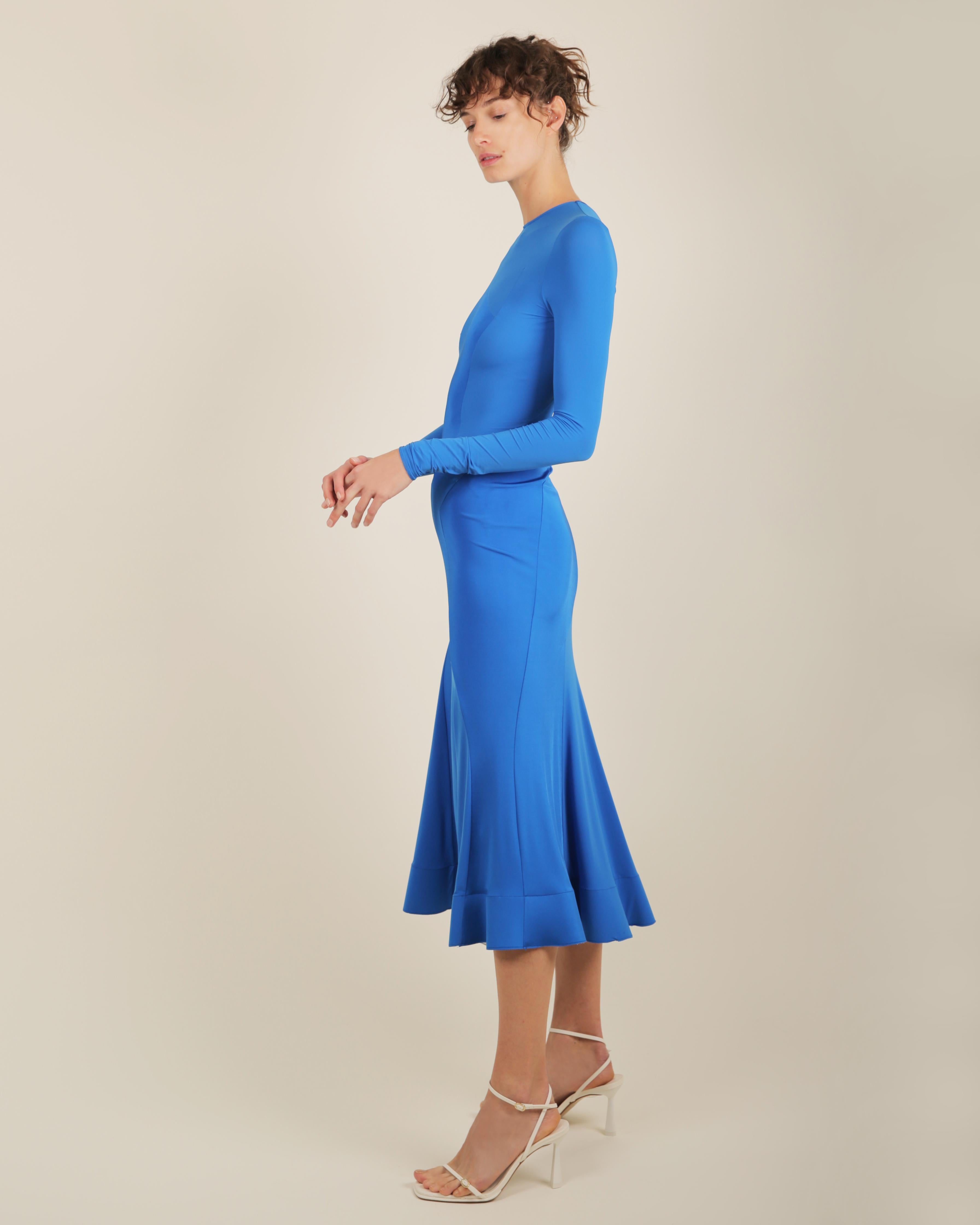 Esteban Cortazar electric blue long sleeve flared midi stretch dress FR 34 For Sale 7