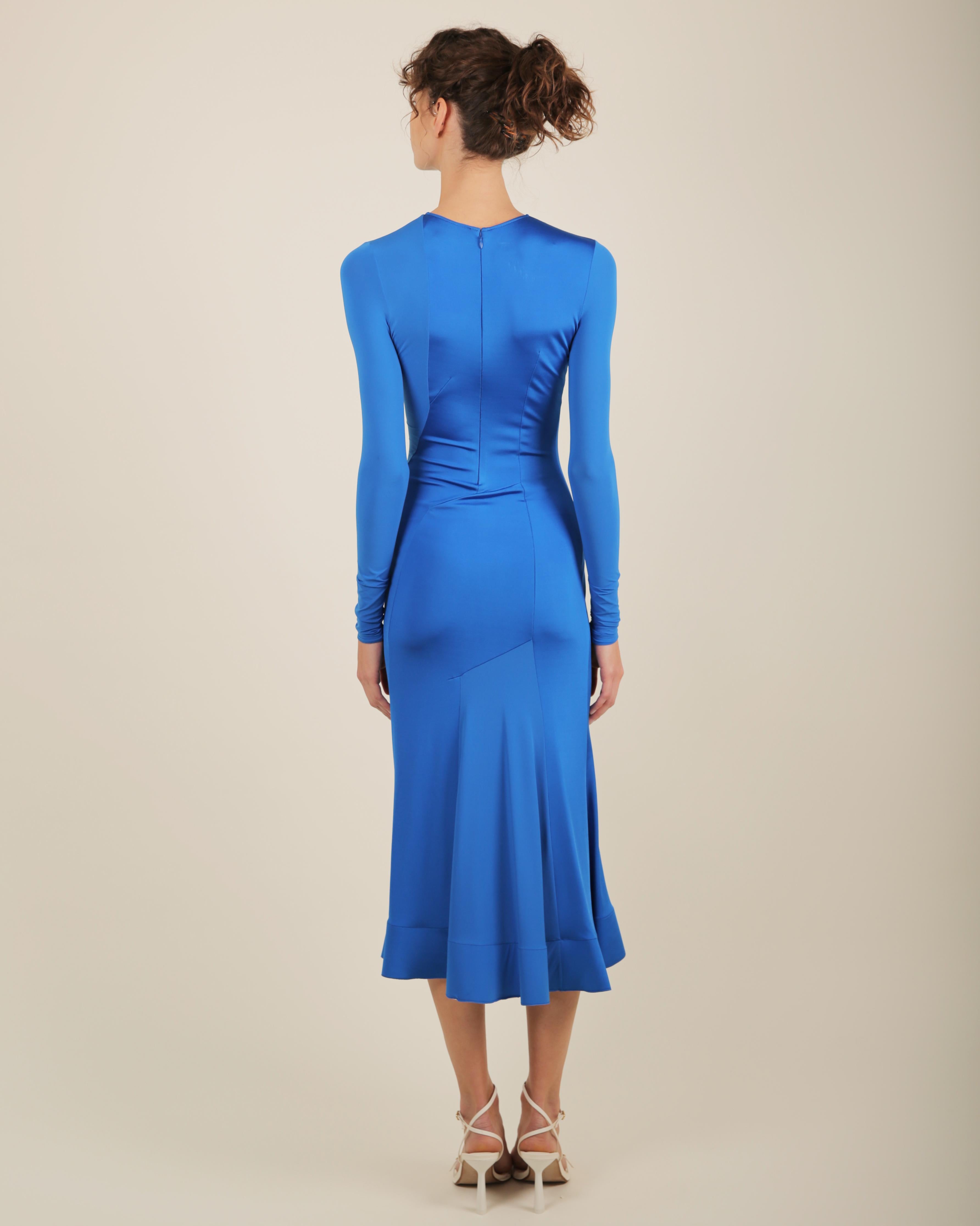 Esteban Cortazar electric blue long sleeve flared midi stretch dress FR 34 For Sale 8