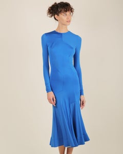 Esteban Cortazar electric blue long sleeve flared midi stretch dress FR 34