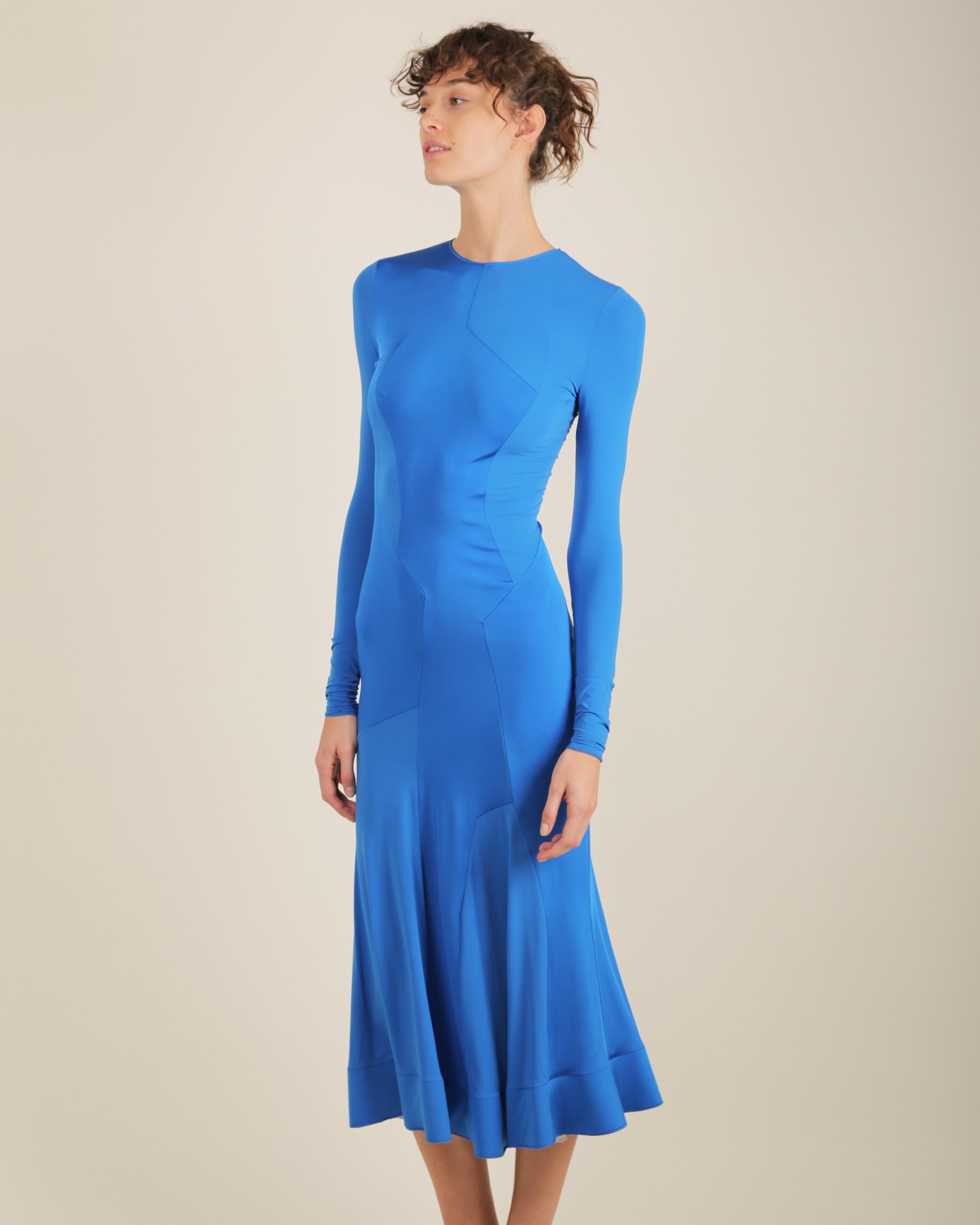 Women's Esteban Cortazar electric blue long sleeve flared midi stretch dress FR 34 For Sale