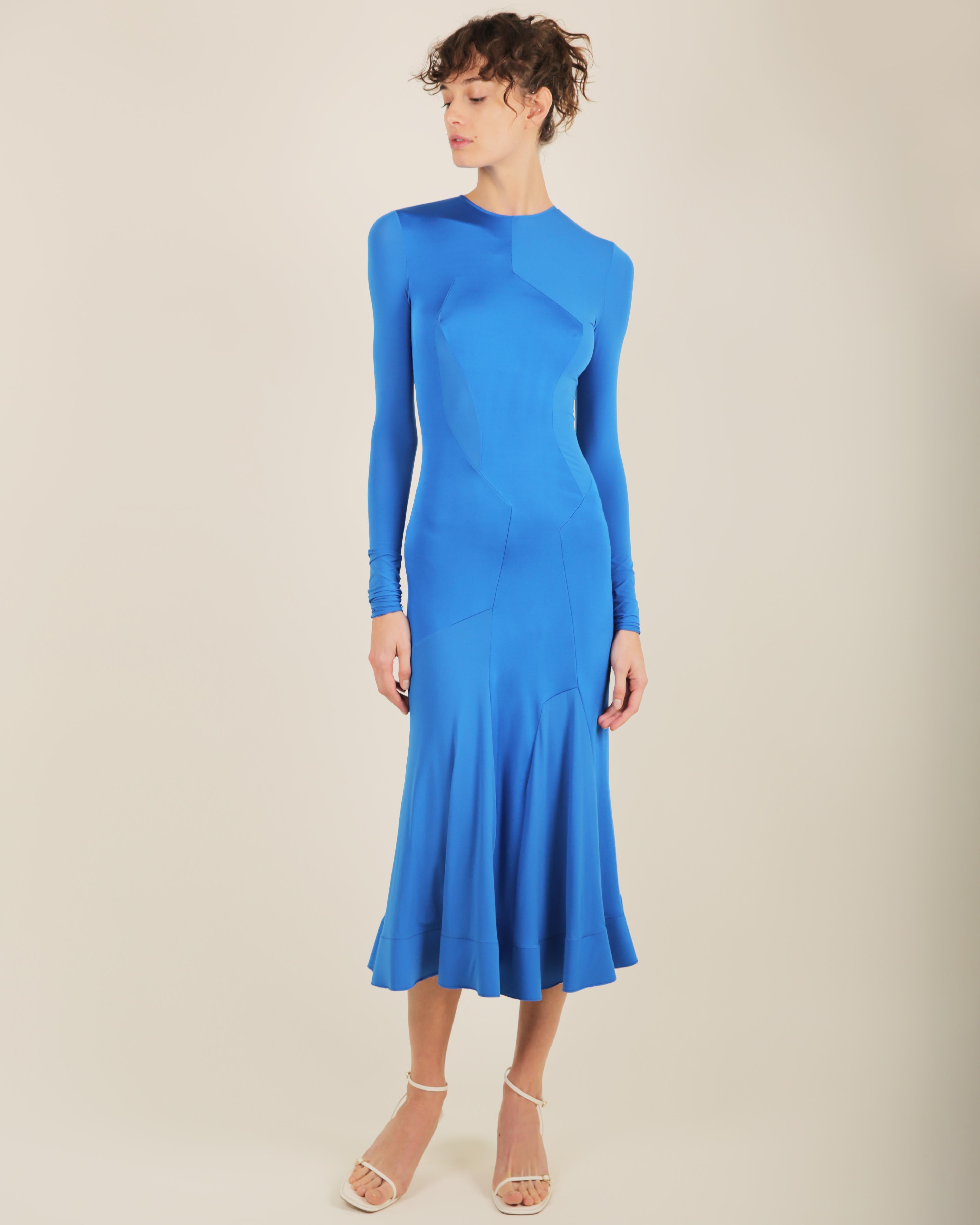 Esteban Cortazar electric blue long sleeve flared midi stretch dress FR 34 For Sale 1