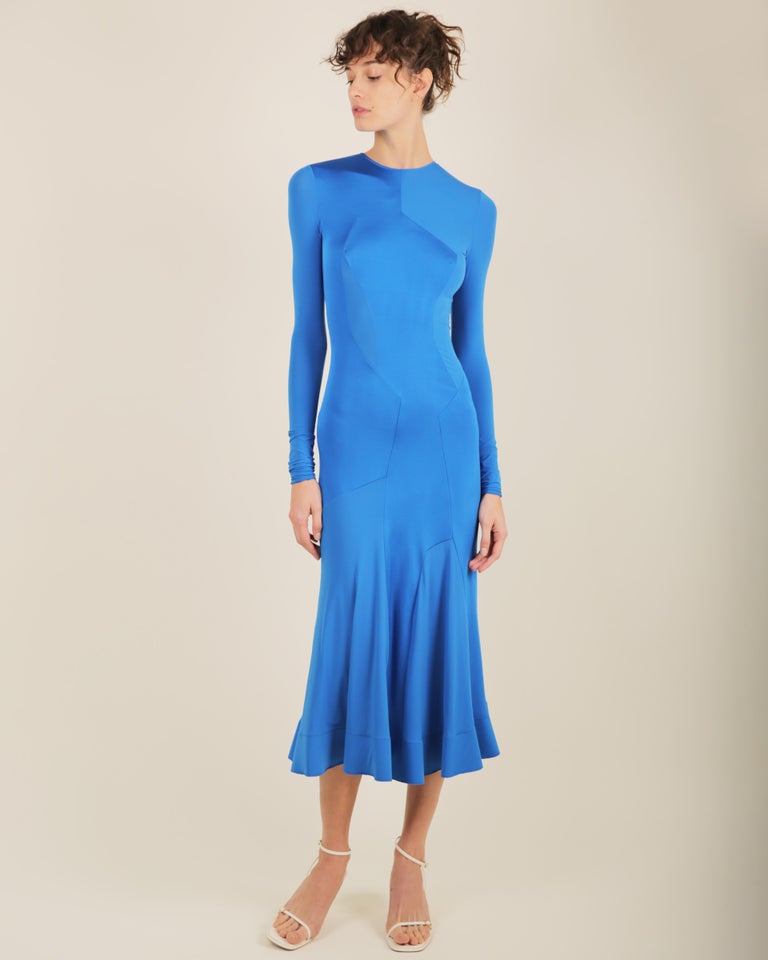 cortazar silk dress Esteban Cortazar electric blue long sleeve flared midi stretch dress FR 34  at 1stDibs