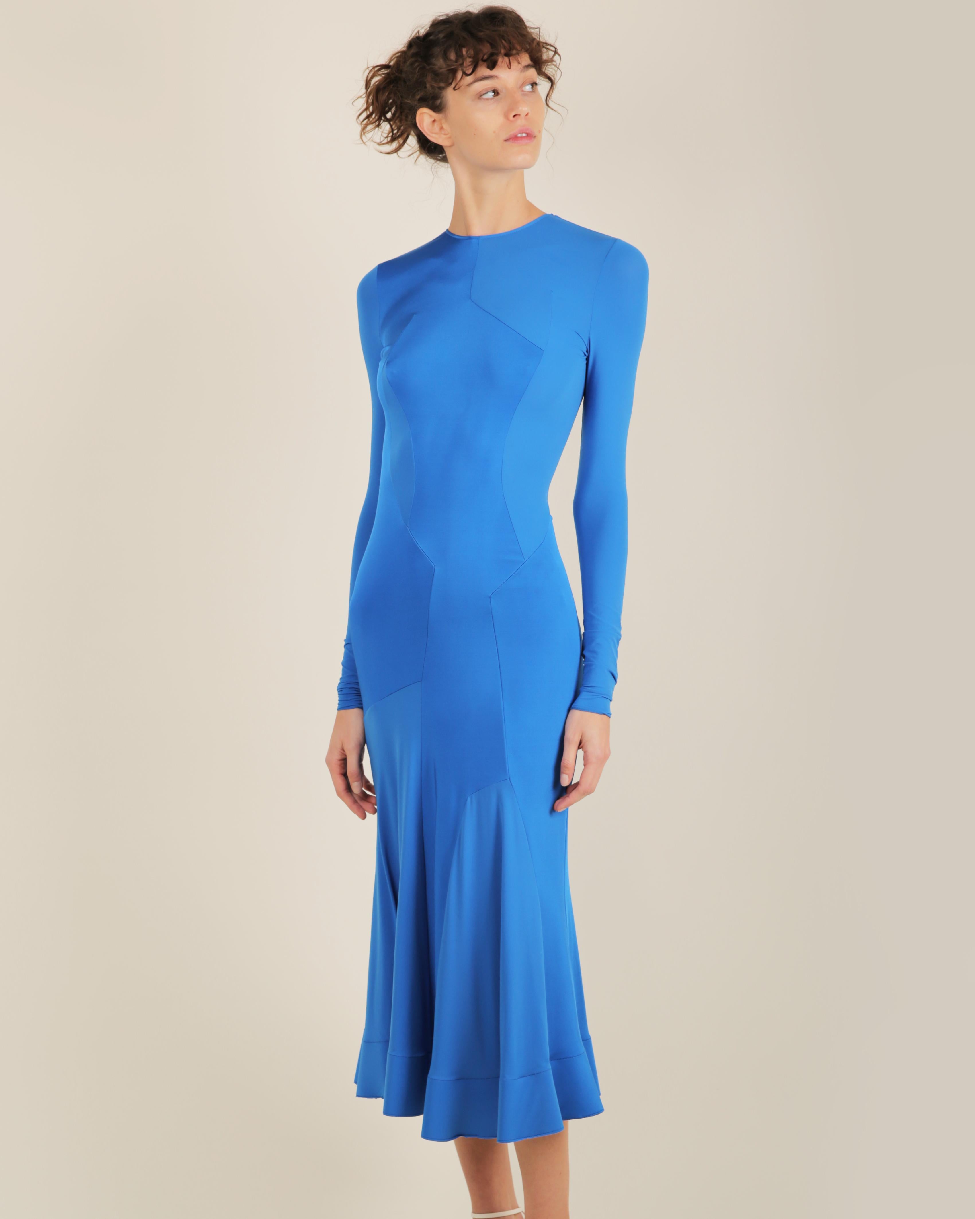 Esteban Cortazar electric blue long sleeve flared midi stretch dress FR 34 For Sale 2