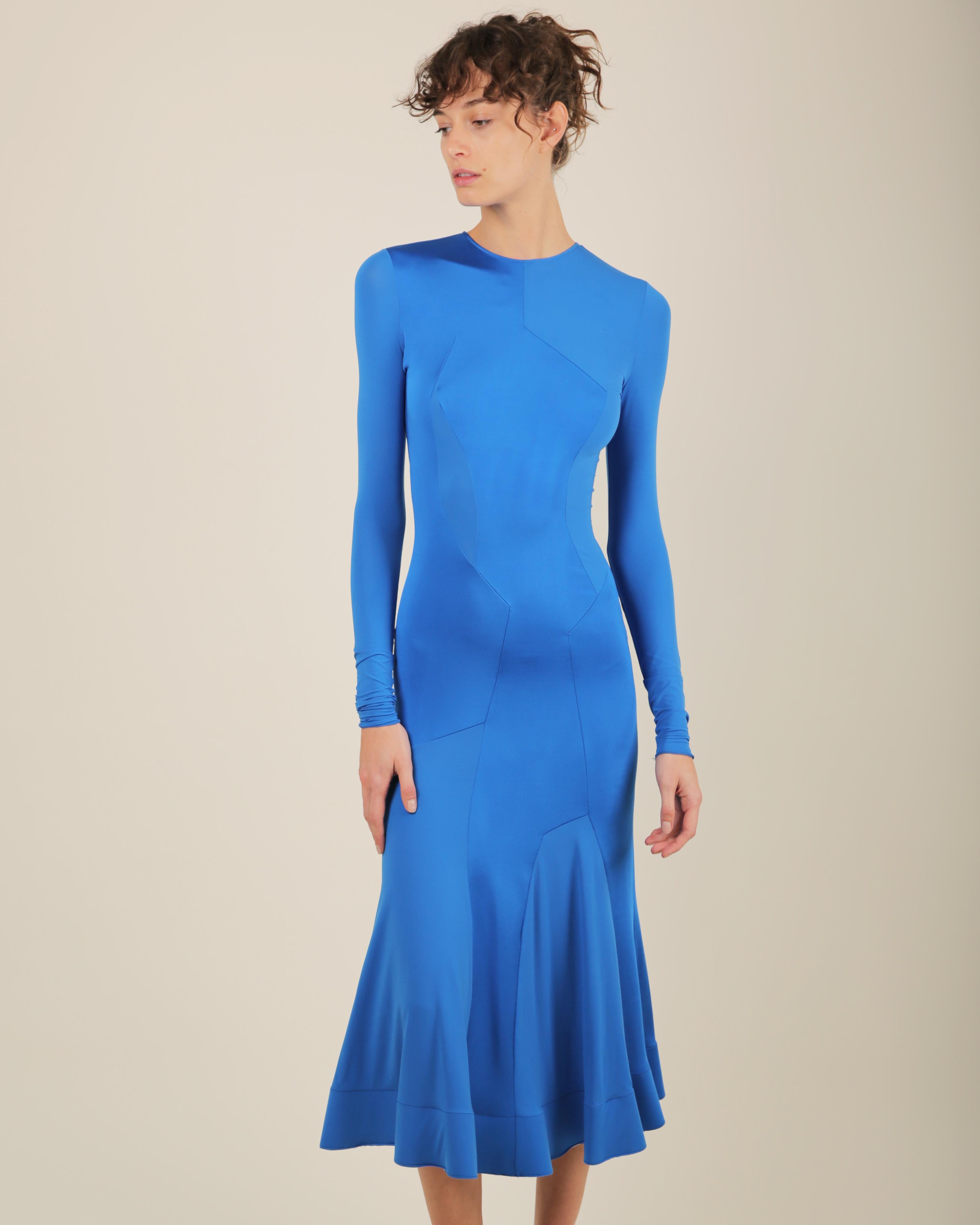 Esteban Cortazar electric blue long sleeve flared midi stretch dress FR 34 For Sale 3