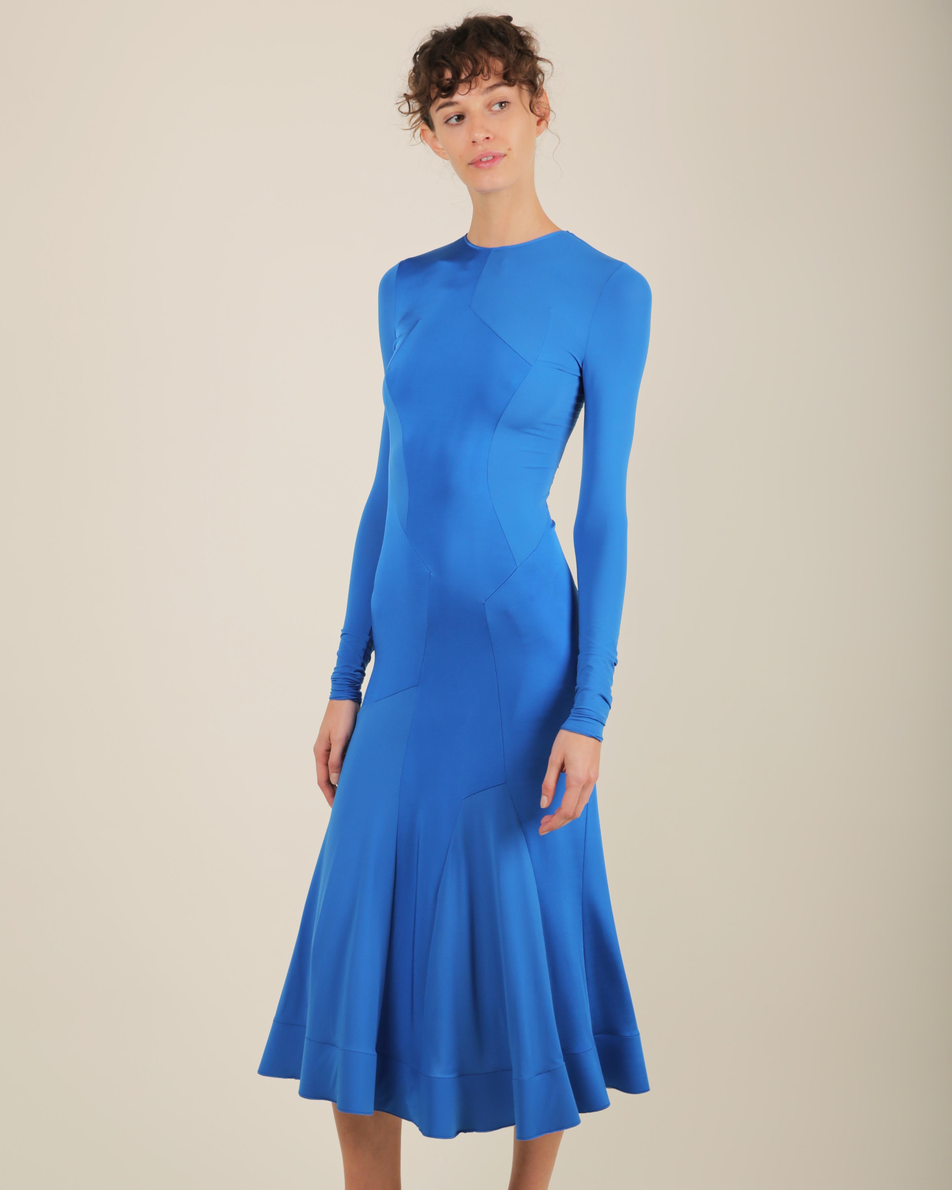 Esteban Cortazar electric blue long sleeve flared midi stretch dress FR 34 For Sale 4