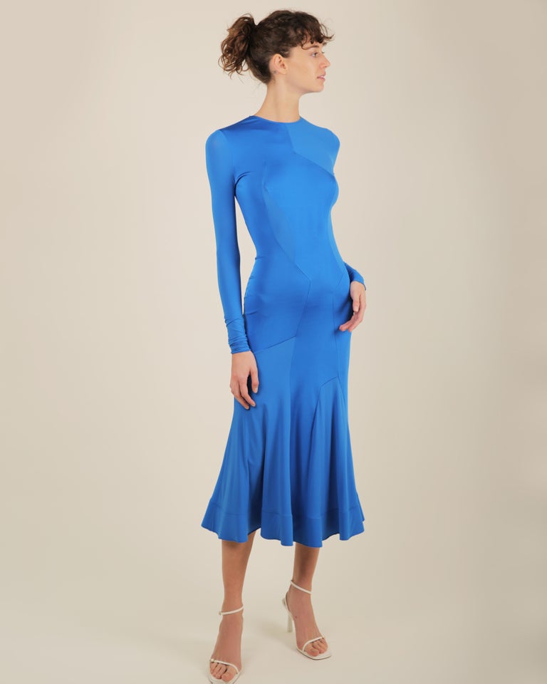 electric blue long sleeve dress Esteban Cortazar electric blue long sleeve flared midi stretch dress FR 34  at 1stDibs
