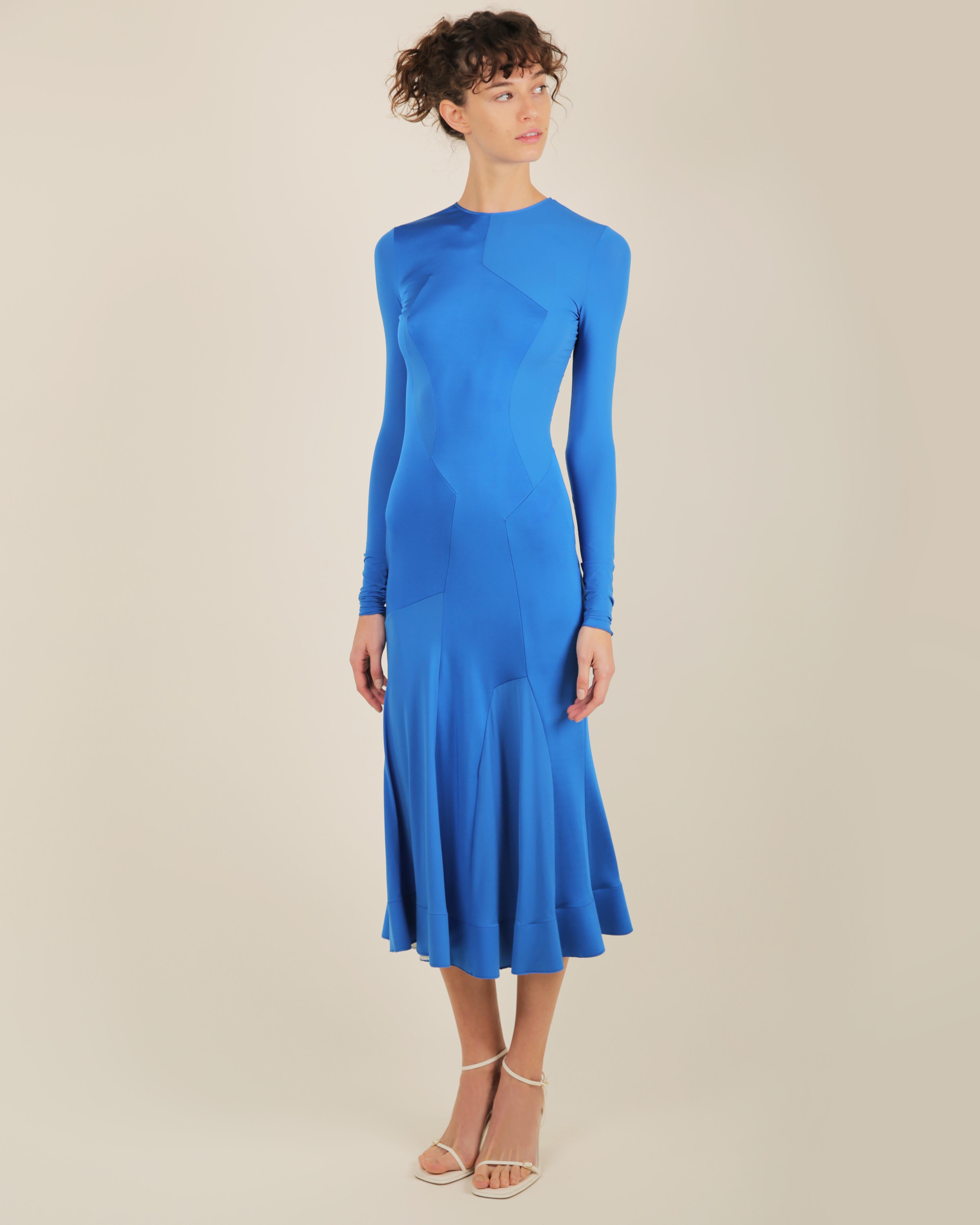 Esteban Cortazar electric blue long sleeve flared midi stretch dress FR 34 For Sale 6