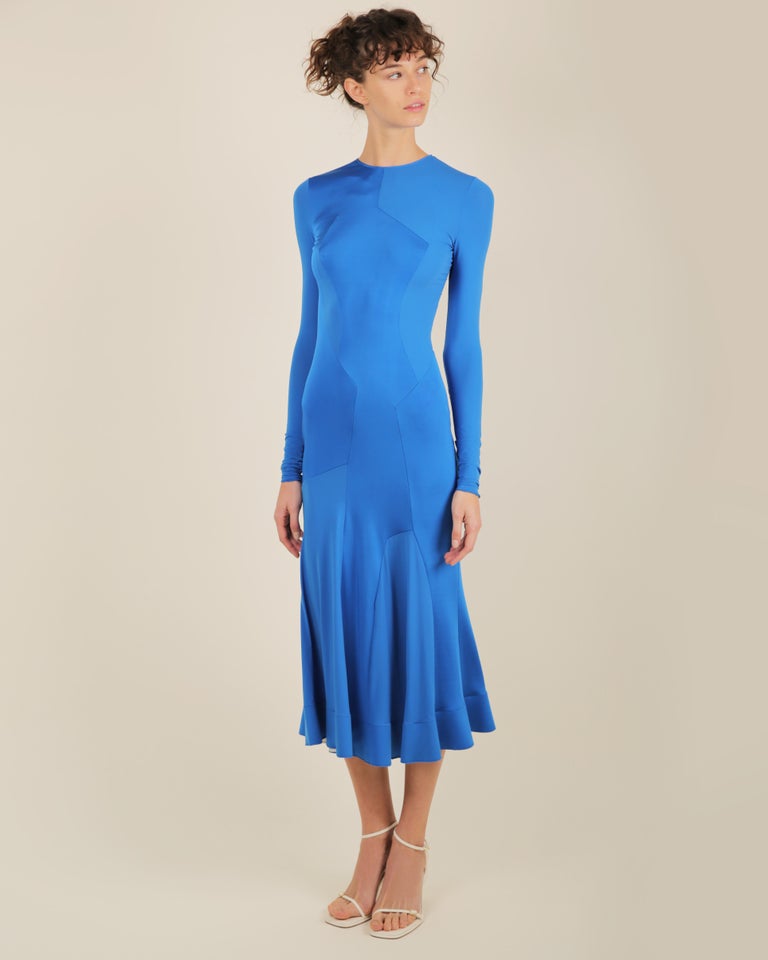 Esteban Cortazar electric blue long sleeve flared midi stretch