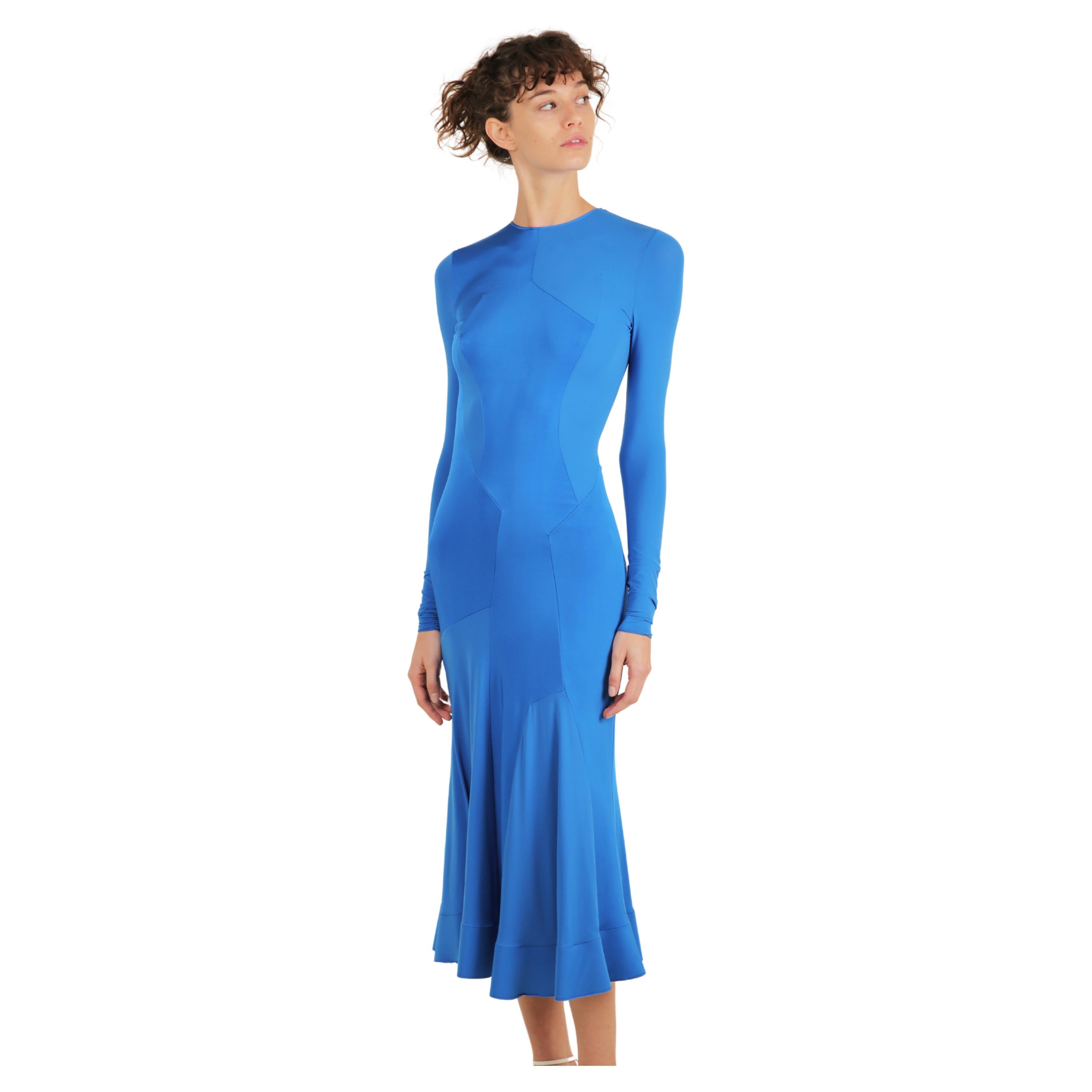 Esteban Cortazar electric blue long sleeve flared midi stretch dress FR 34 For Sale