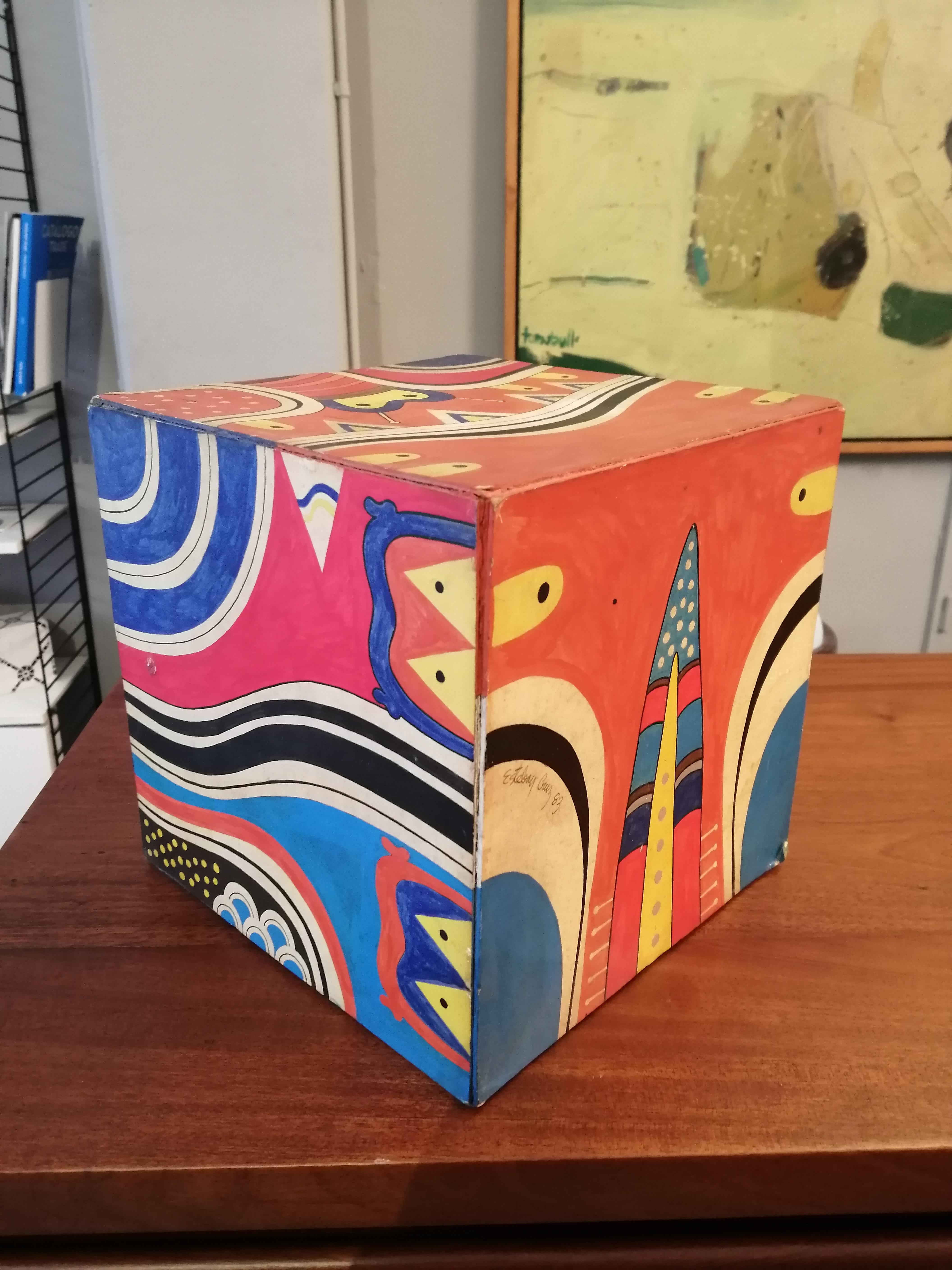 Acrylic on cardboard cube painting by Mexican artist Esteban Cruz. The painting features different shapes of Maori and geometric inspiration. Signed and dated 83. 

Born in Orizaba, Veracruz in 1935, Esteban Cruz at the Academy of San Carlos in