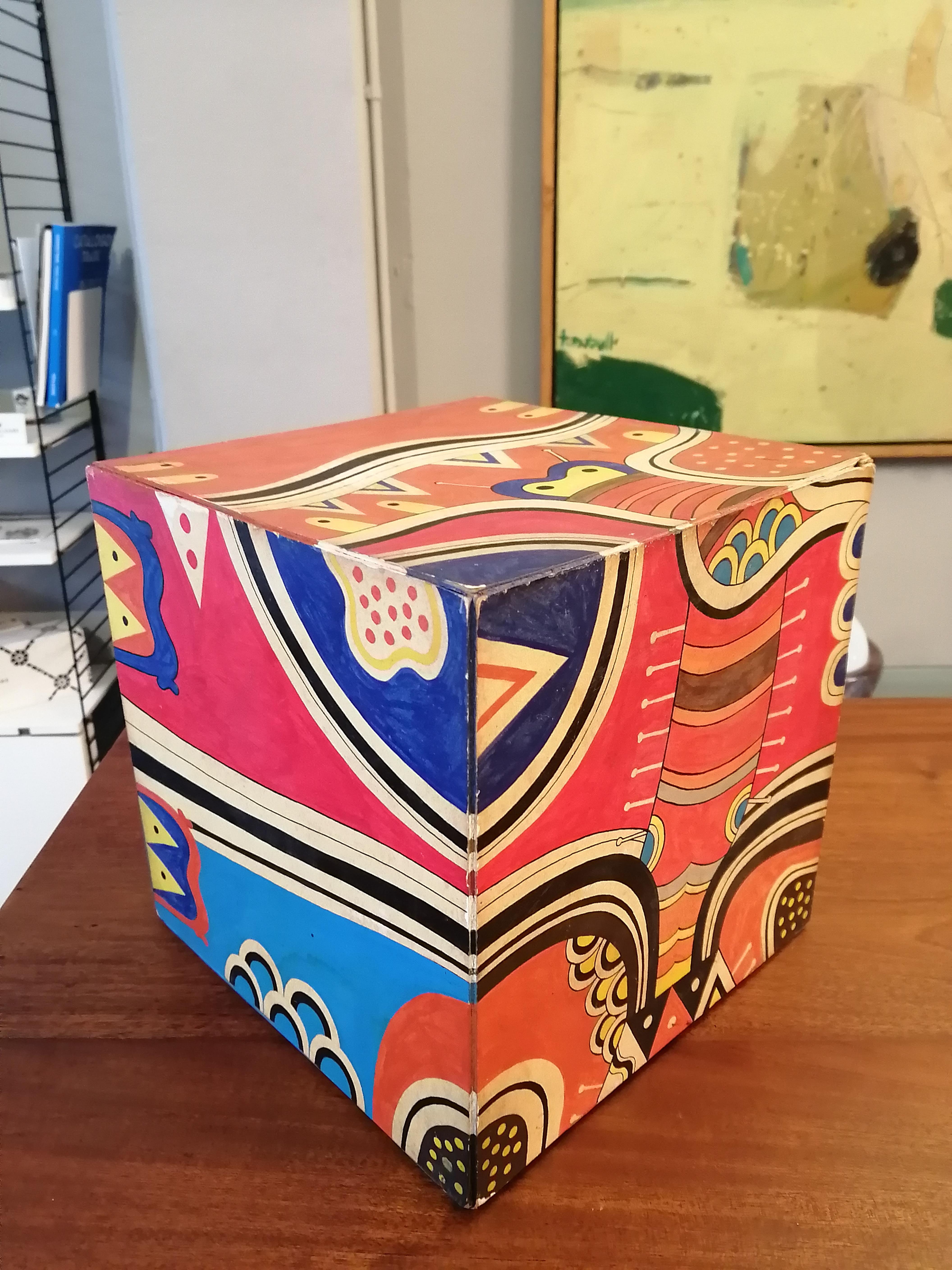 Mid-Century Modern Esteban Cruz Acrylic on Cardboard Decorative Cube For Sale