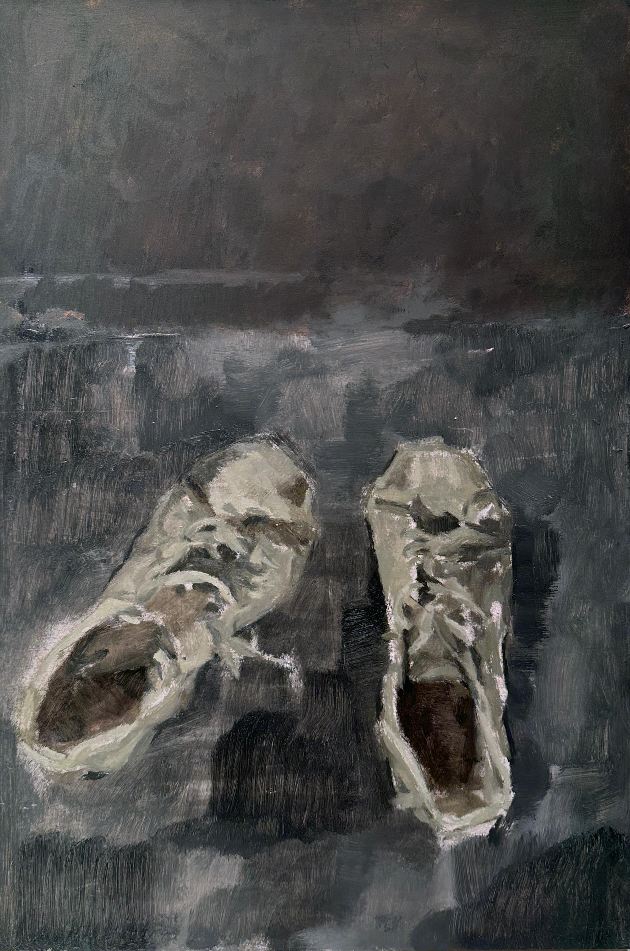 Mis Pies - Nature morte, peinture à l
huile originale de chaussures dans des gris et des bruns sourds