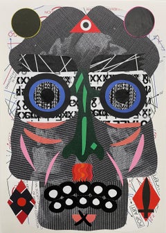 Nicolas" - Collage, abstraktes Porträt, gefundenes Papier, schwarz-weiß, Surrealismus