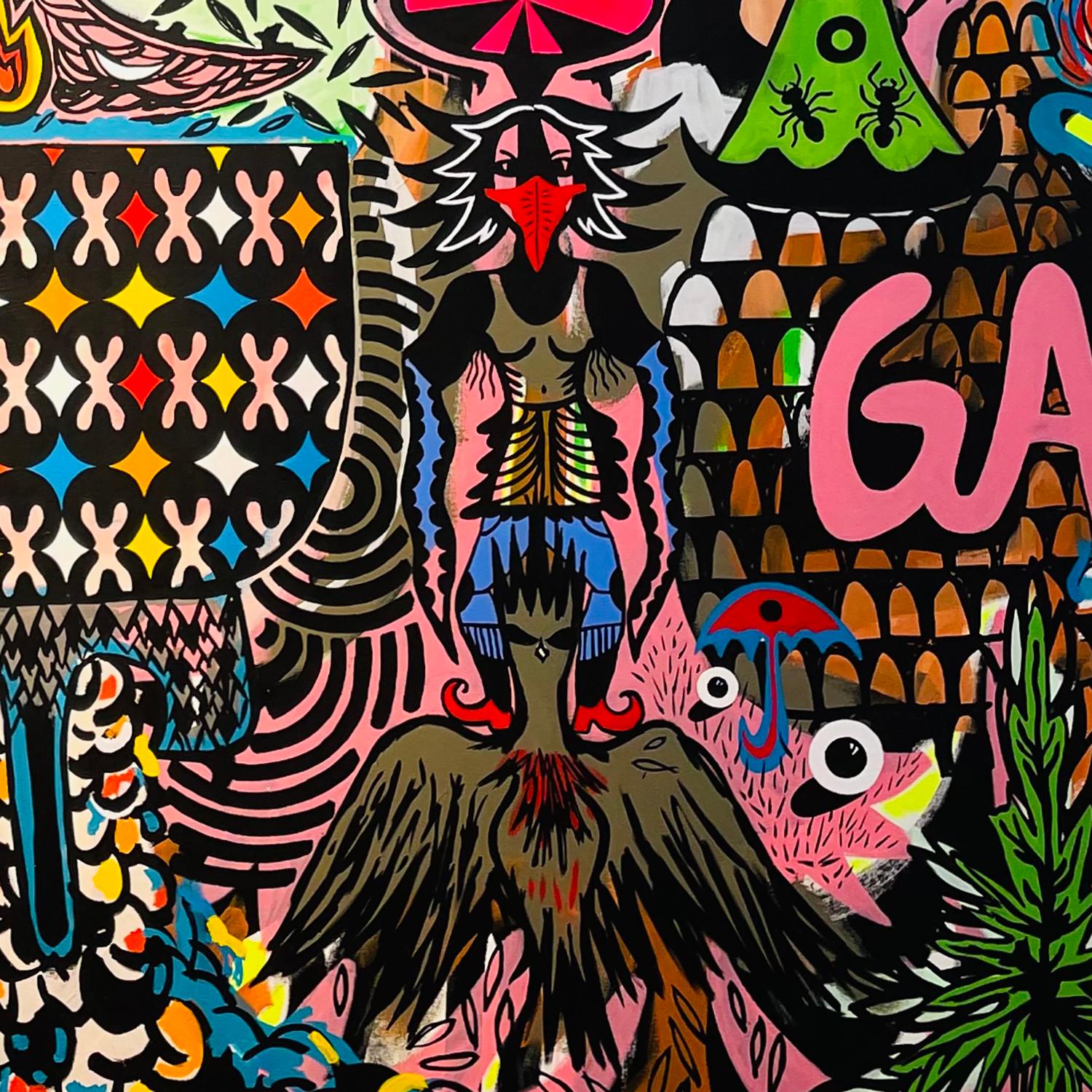 „GAGA“ – surrealistisches, großformatiges Gemälde, farbenfrohe, symbolische Muster – Painting von Esteban Patino