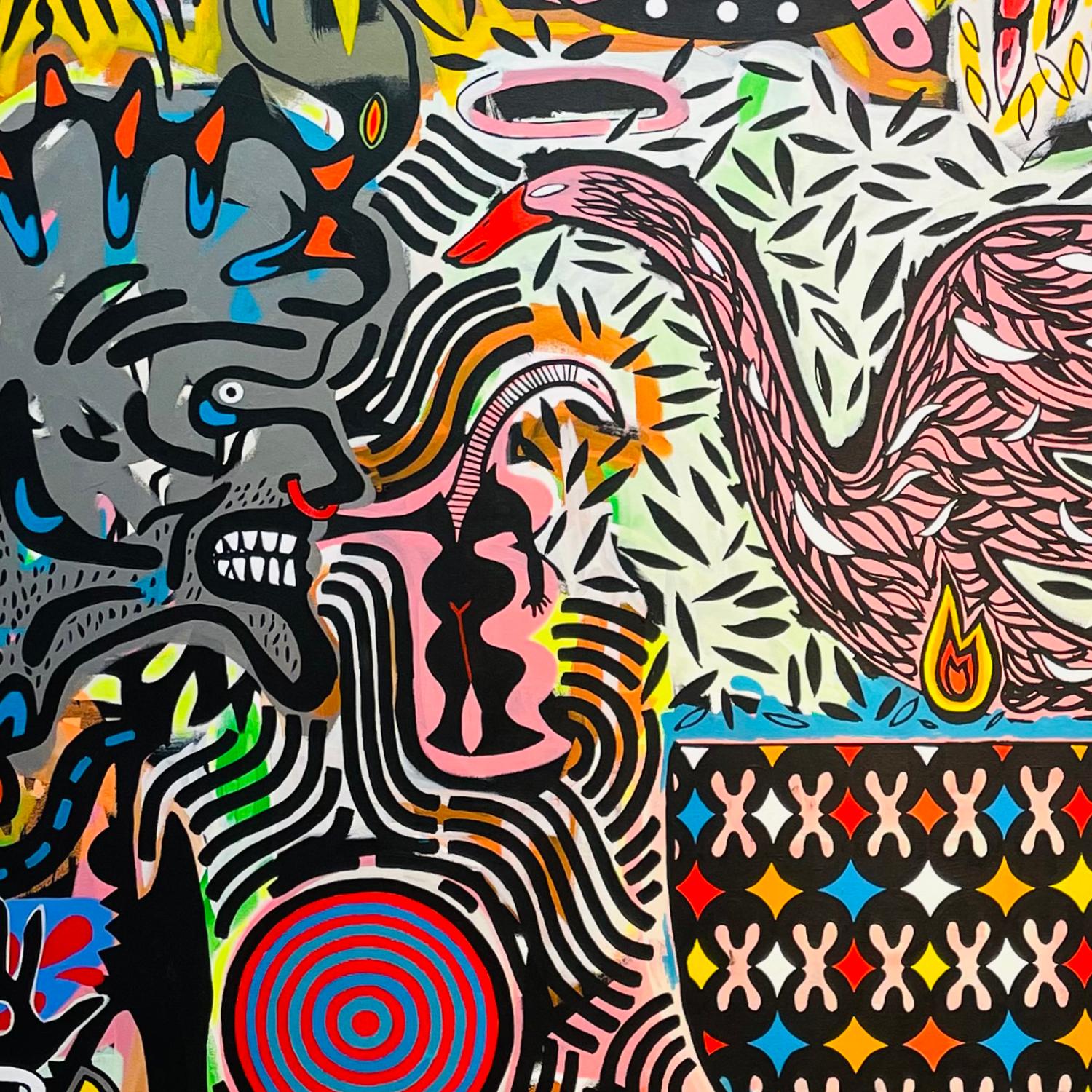 'GAGA' - surrealist, large-scale painting, colorful, symbolism, patterns - Contemporary Painting by Esteban Patino