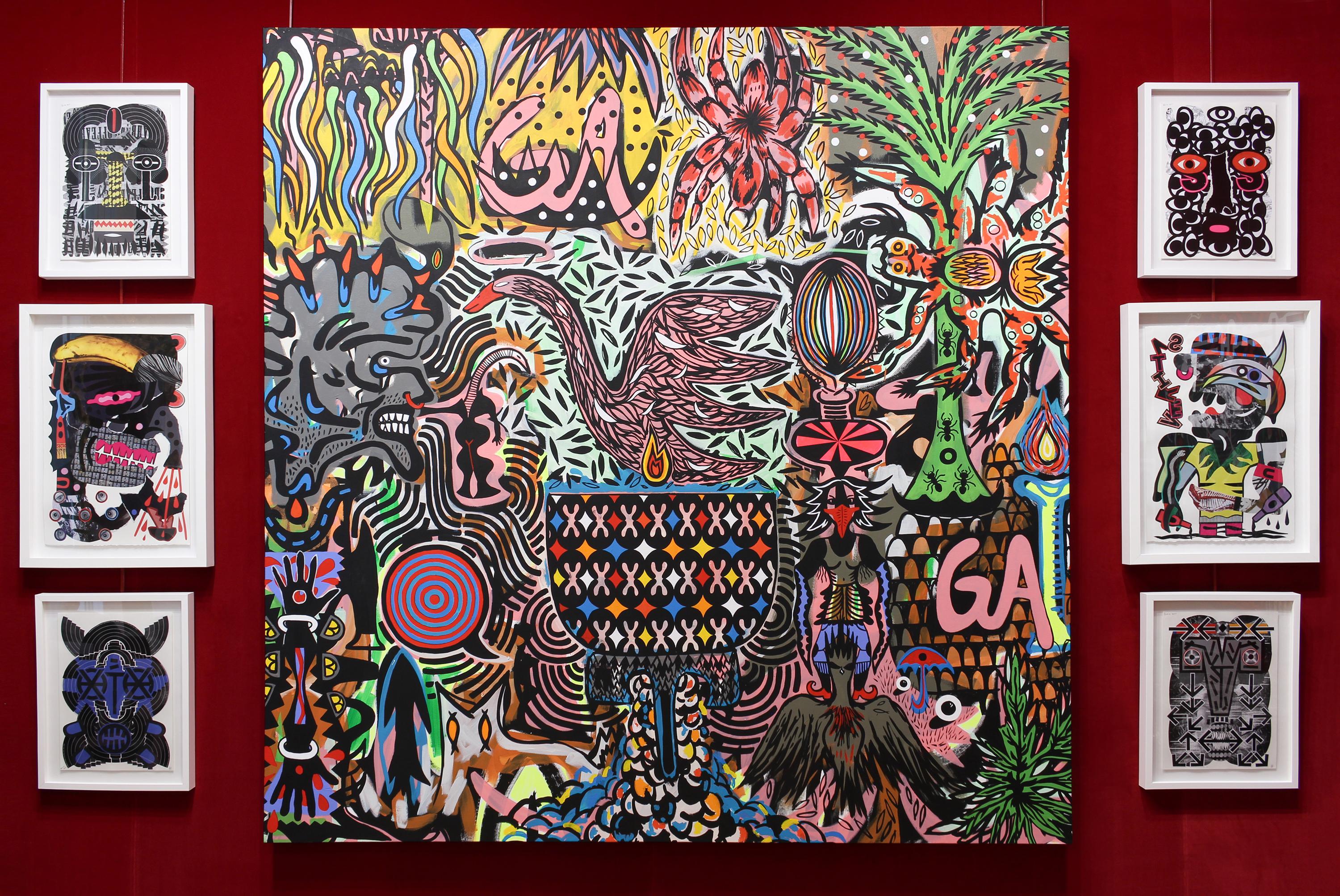 This painting features hues of pink, green, blue and orange.

Colombian-born, Atlanta-based artist Esteban Patino creates paintings, collage and sculptural works that explore the multitudes of language creation and perception. Superfluous Beings is