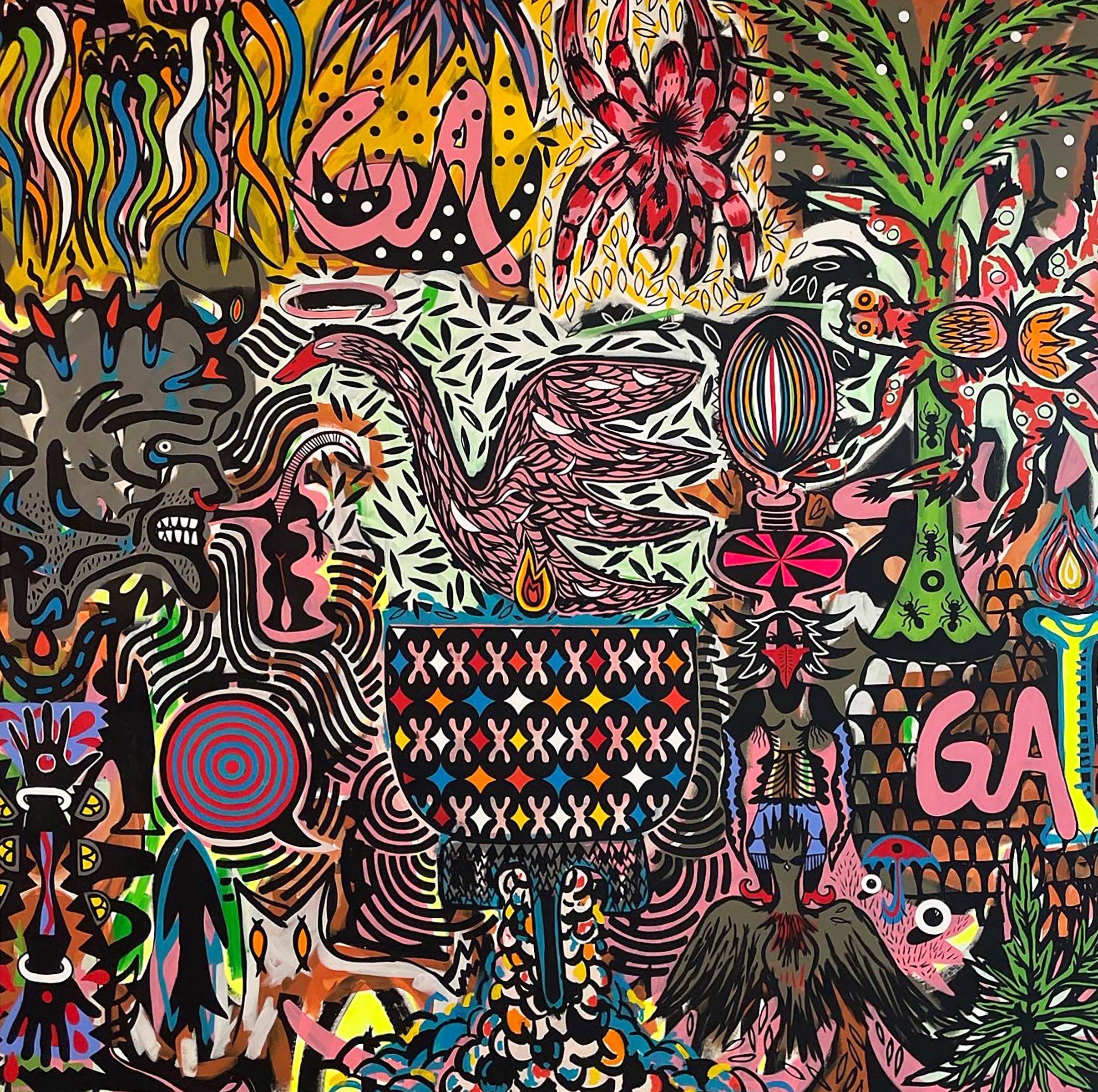 Esteban Patino Abstract Painting – „GAGA“ – surrealistisches, großformatiges Gemälde, farbenfrohe, symbolische Muster