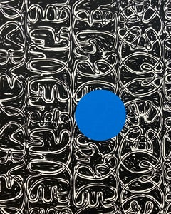 "Baldessari Dot (Blue)" symbols, language, abstract