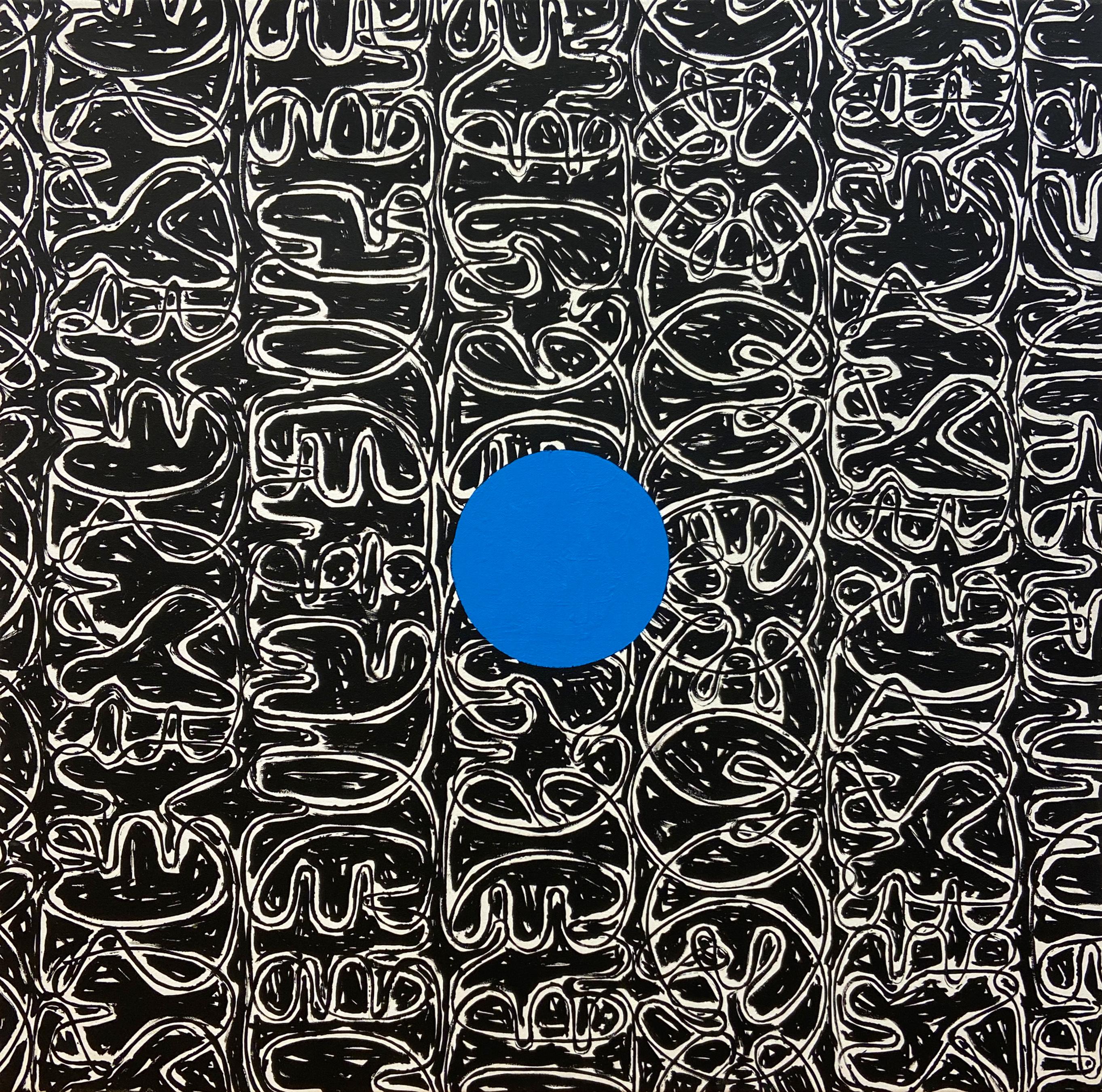 Esteban Patino Abstract Sculpture - "Baldessari Dot (Blue)" symbols, language, abstract