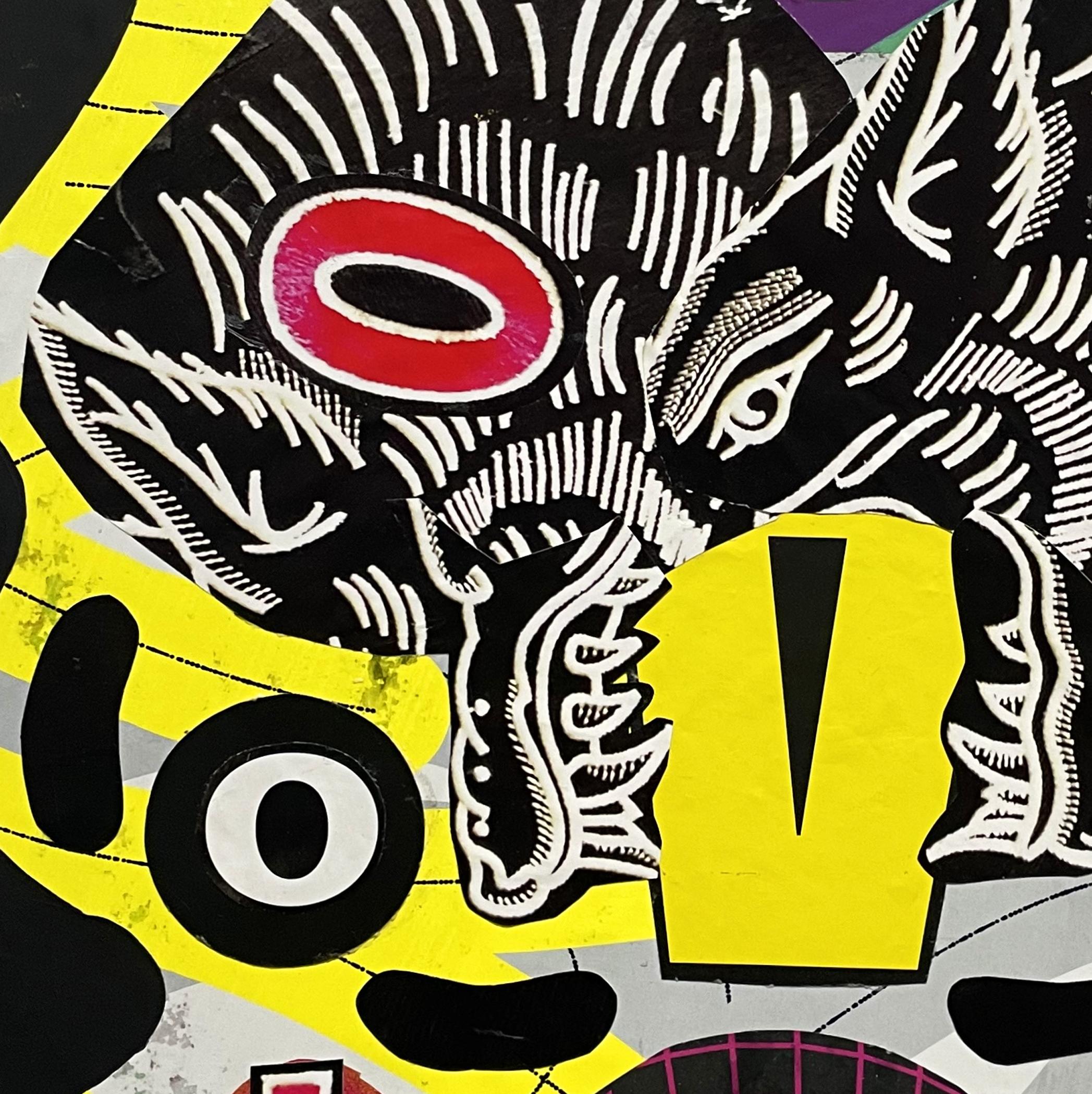 'Dar Wolf' - Collage Porträt, helle Farben, abstrakt, Pop, gelb – Painting von Esteban Patino