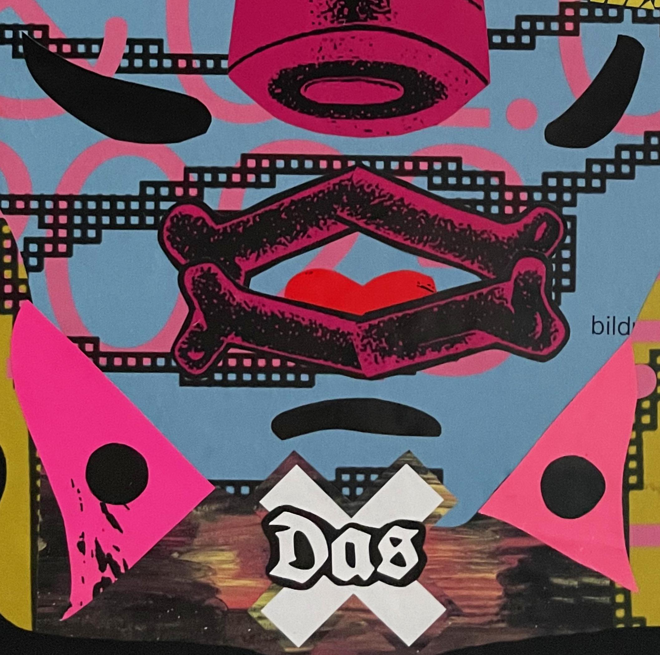 'Das Schwein' - collage portrait, bright colors, abstract, pop, purple - Contemporary Sculpture by Esteban Patino