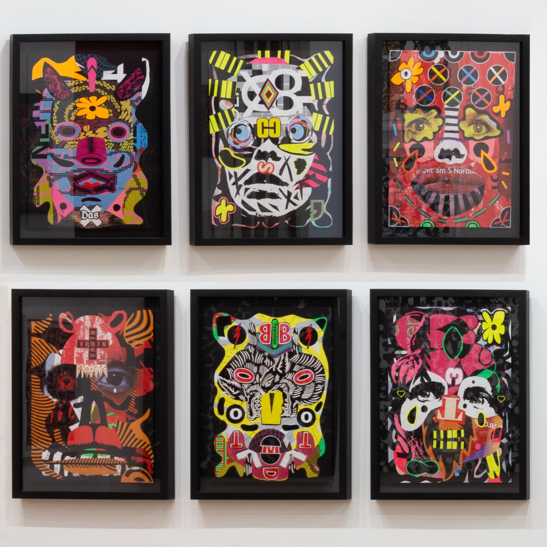 This abstract collage portrait features hues of yellow, green, pink and black.

This work is 23.25 by 16.5 inches unframed and 28 by 21 inches framed in a thin black frame.

Colombian-born, Atlanta-based artist Esteban Patino creates paintings,