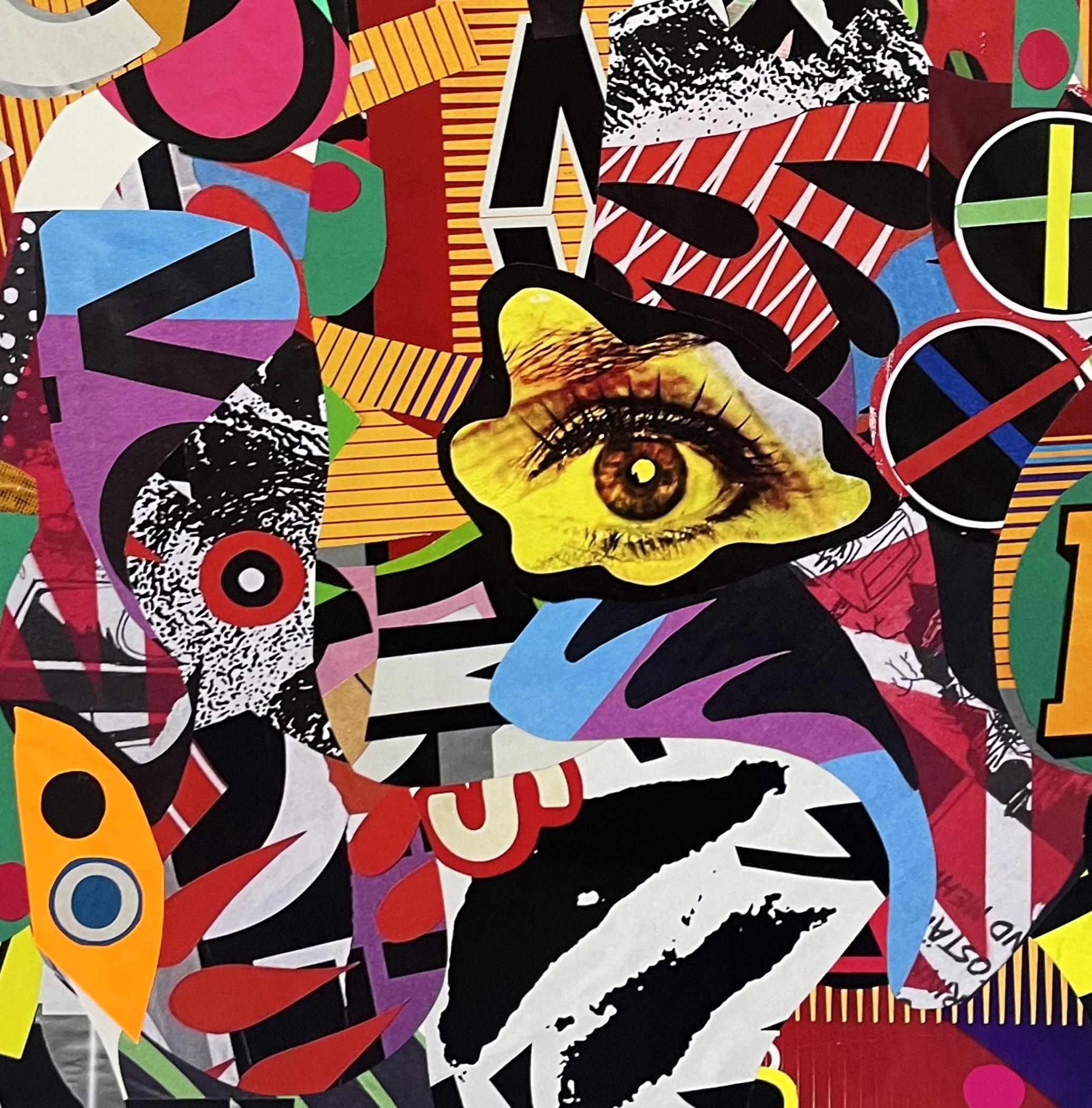 'Frau E.' - Collage Porträt, helle Farben, abstrakt, Pop, gelb, Auge – Painting von Esteban Patino