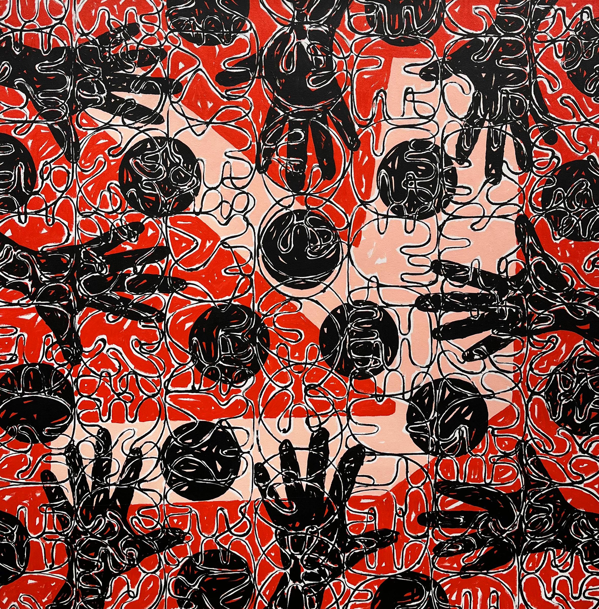 Esteban Patino Abstract Painting - "Hungry Hippos" red, hands, symbols, language, abstract
