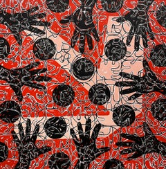 "Hungry Hippos" red, hands, symbols, language, abstract