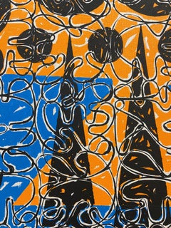 "Night Owl" blue and orange, dots, symbols, language, abstract