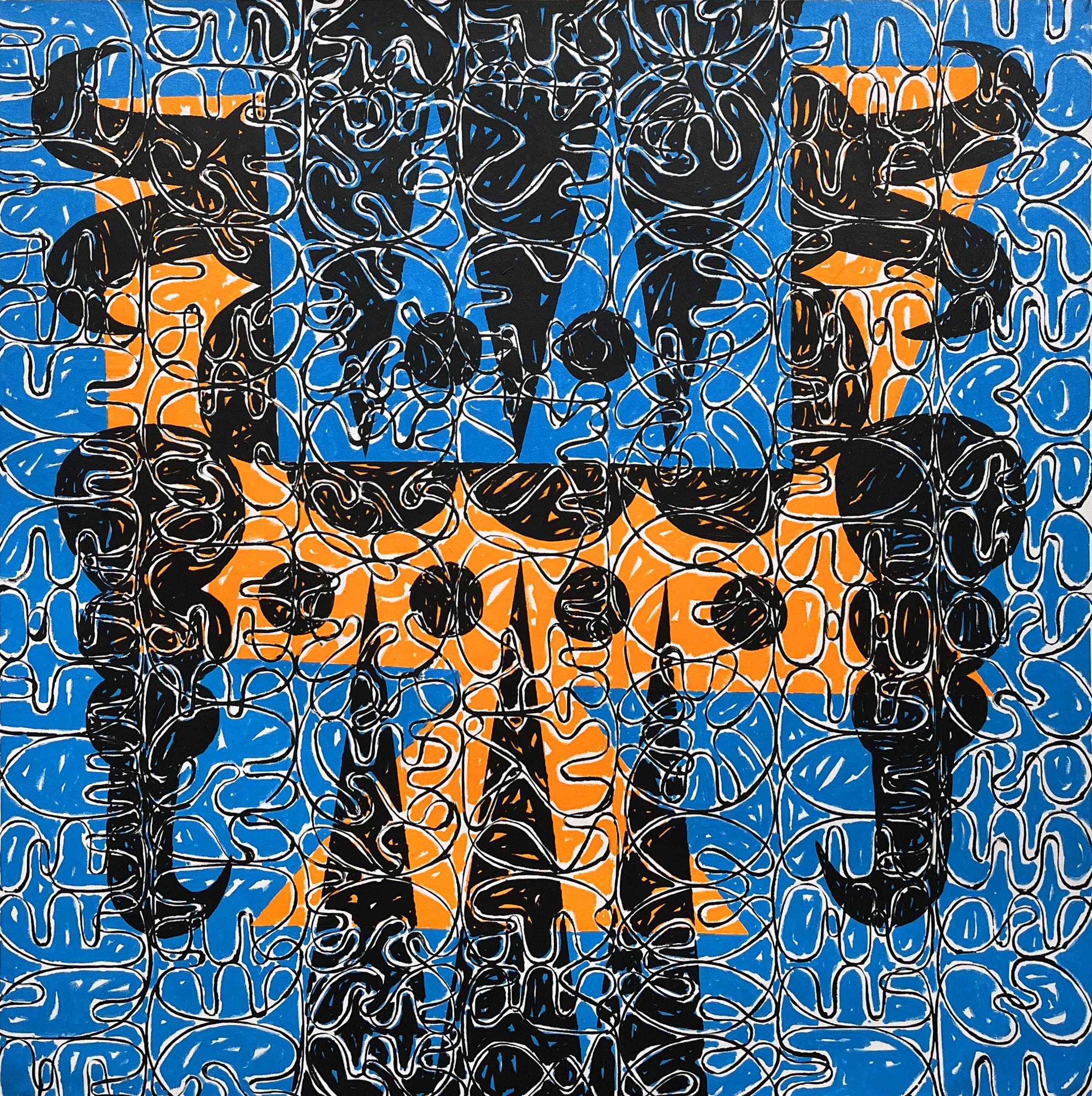 "Night Owl" blue and orange, dots, symbols, language, abstract