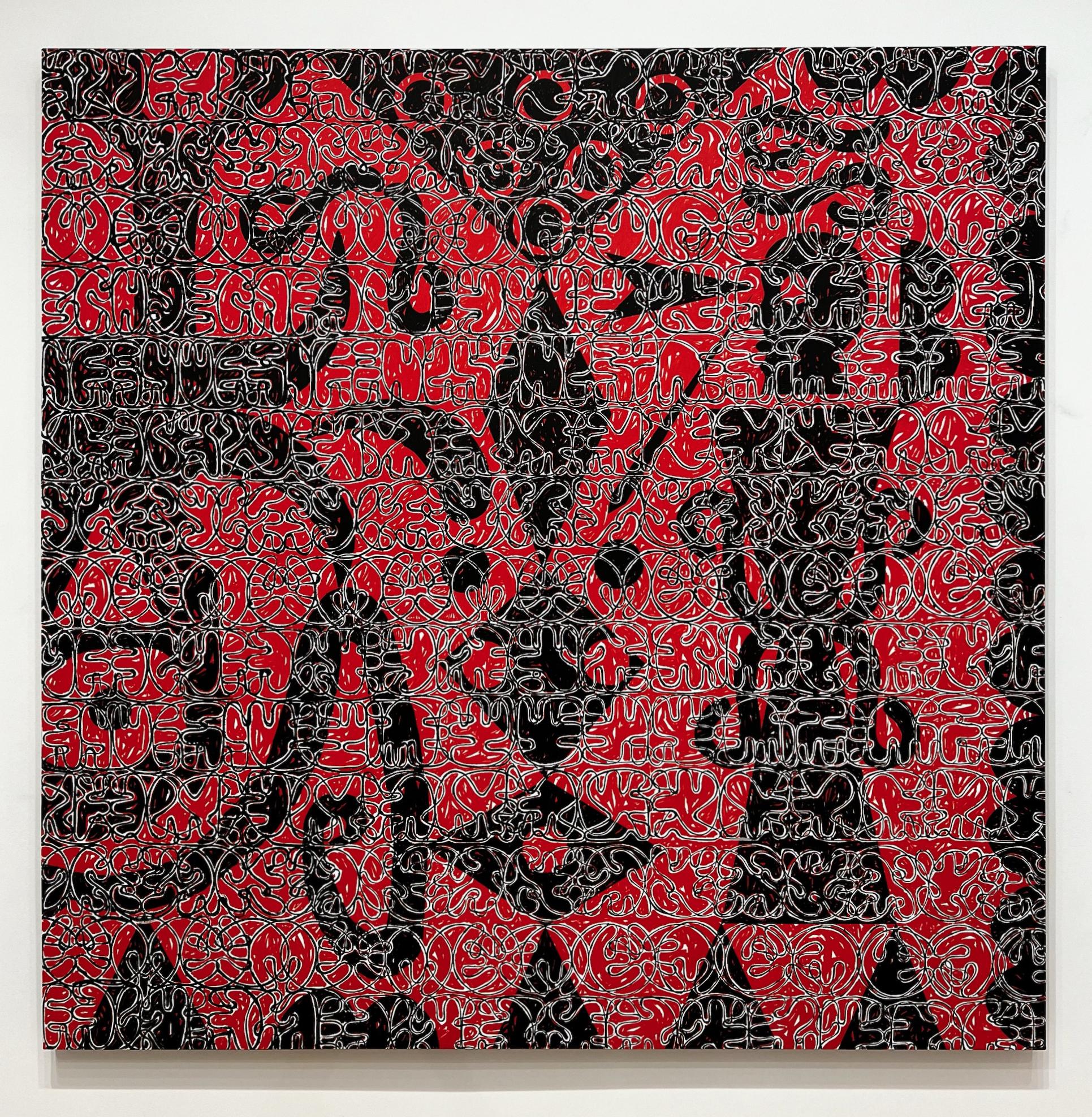 'Acertijo' abstracto a gran escala, moderno, rojo y negro, Artista colombiano - Abstract Painting Marrón de Esteban Patino