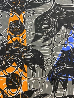 "Schläger" blue and orange, dots, symbols, language, abstract
