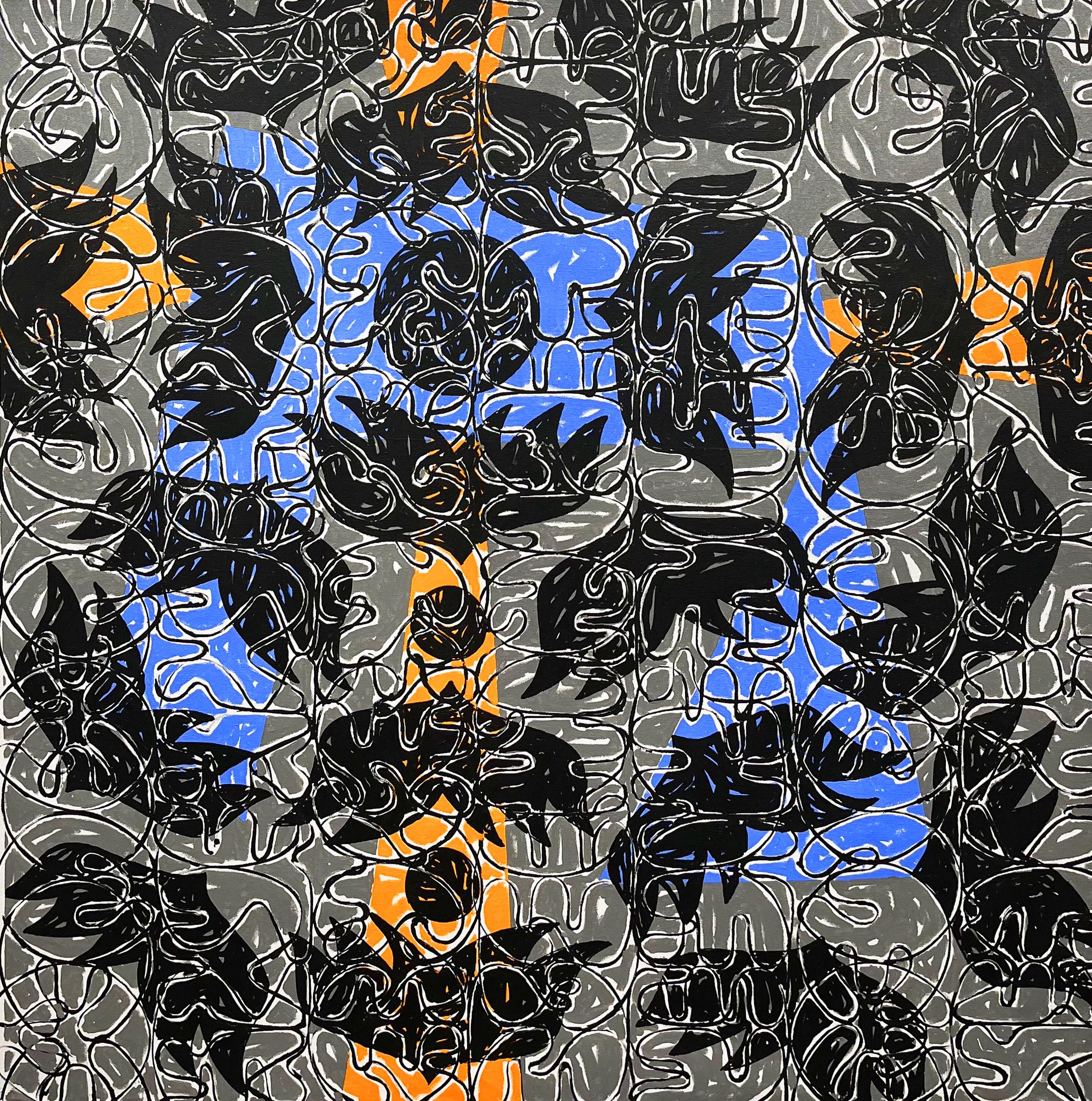 Esteban Patino Abstract Painting - "Schläger" blue and orange, dots, symbols, language, abstract