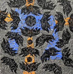 "Schläger" blue and orange, dots, symbols, language, abstract
