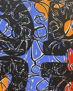 "Shapeshifter" blue and orange, dots, symbols, language, abstract