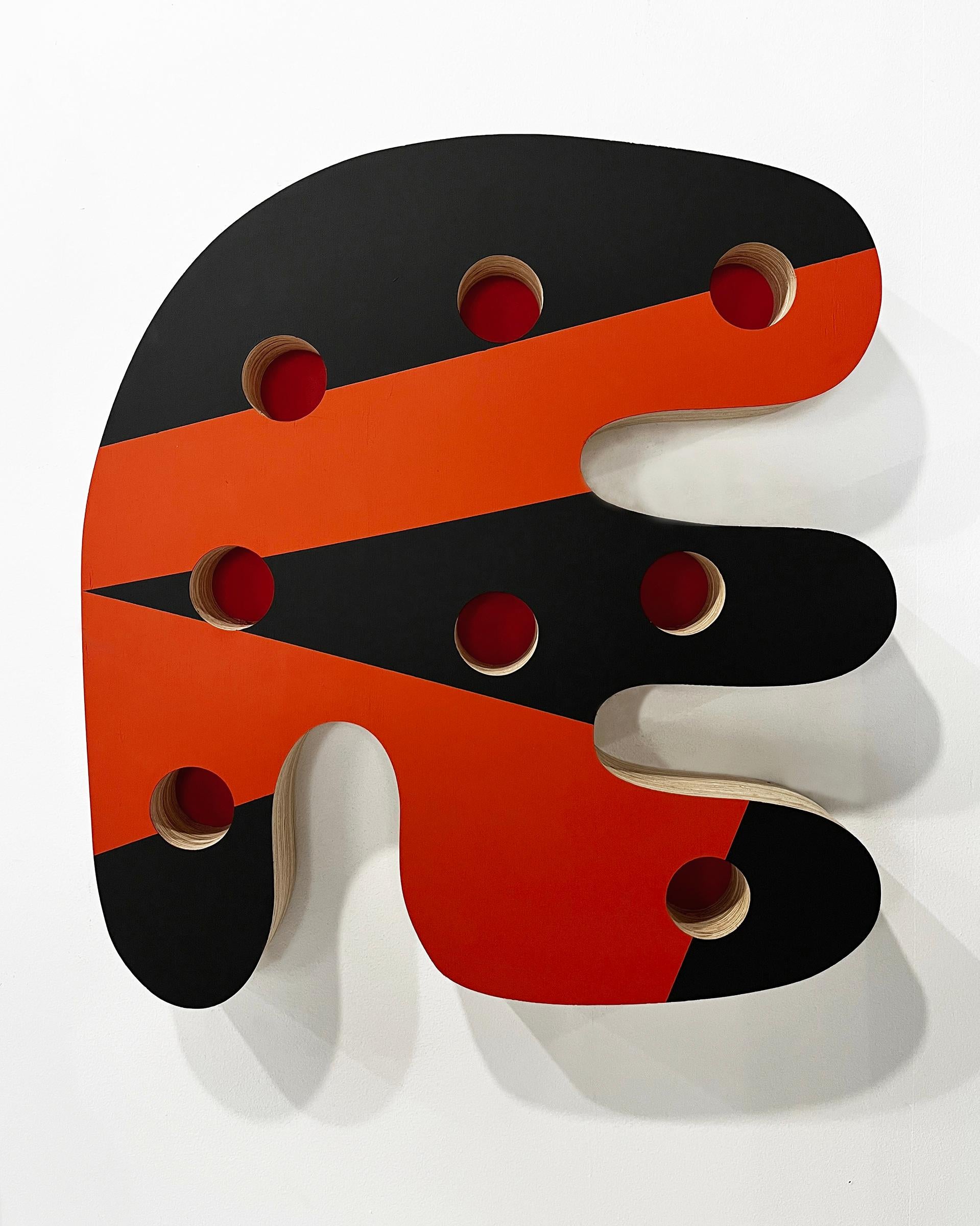 Esteban Patino Abstract Painting - "Single Shape System 005" orange, symbol, language, abstract, wall sculpture