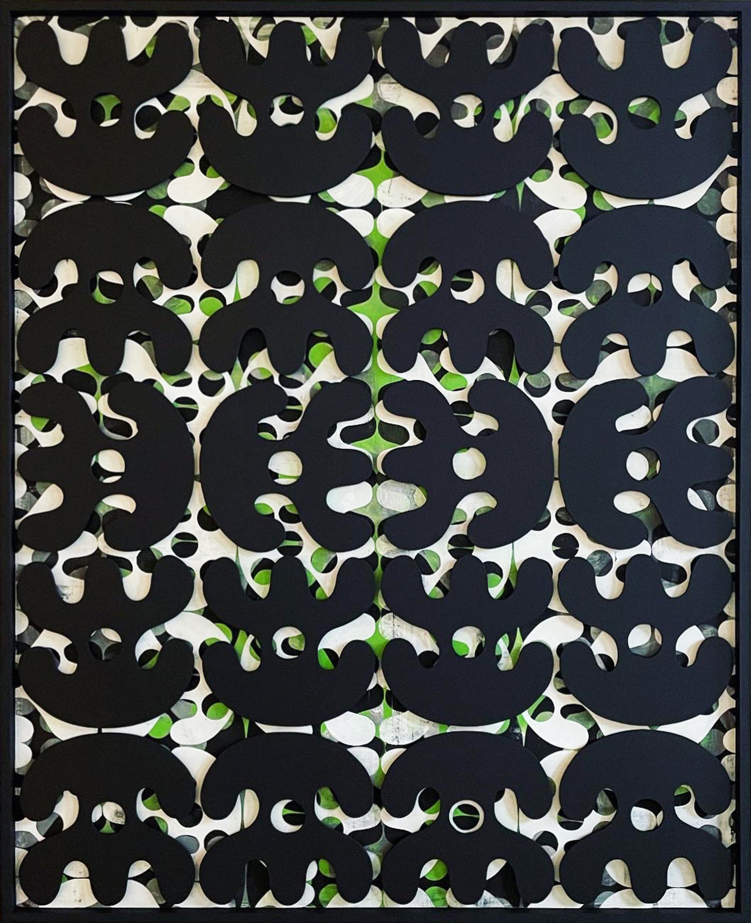 Esteban Patino Abstract Sculpture – Großformatiges abstraktes, modernes „Einzelformensystem“ Schwarz, Weiß, Grün, Symbole