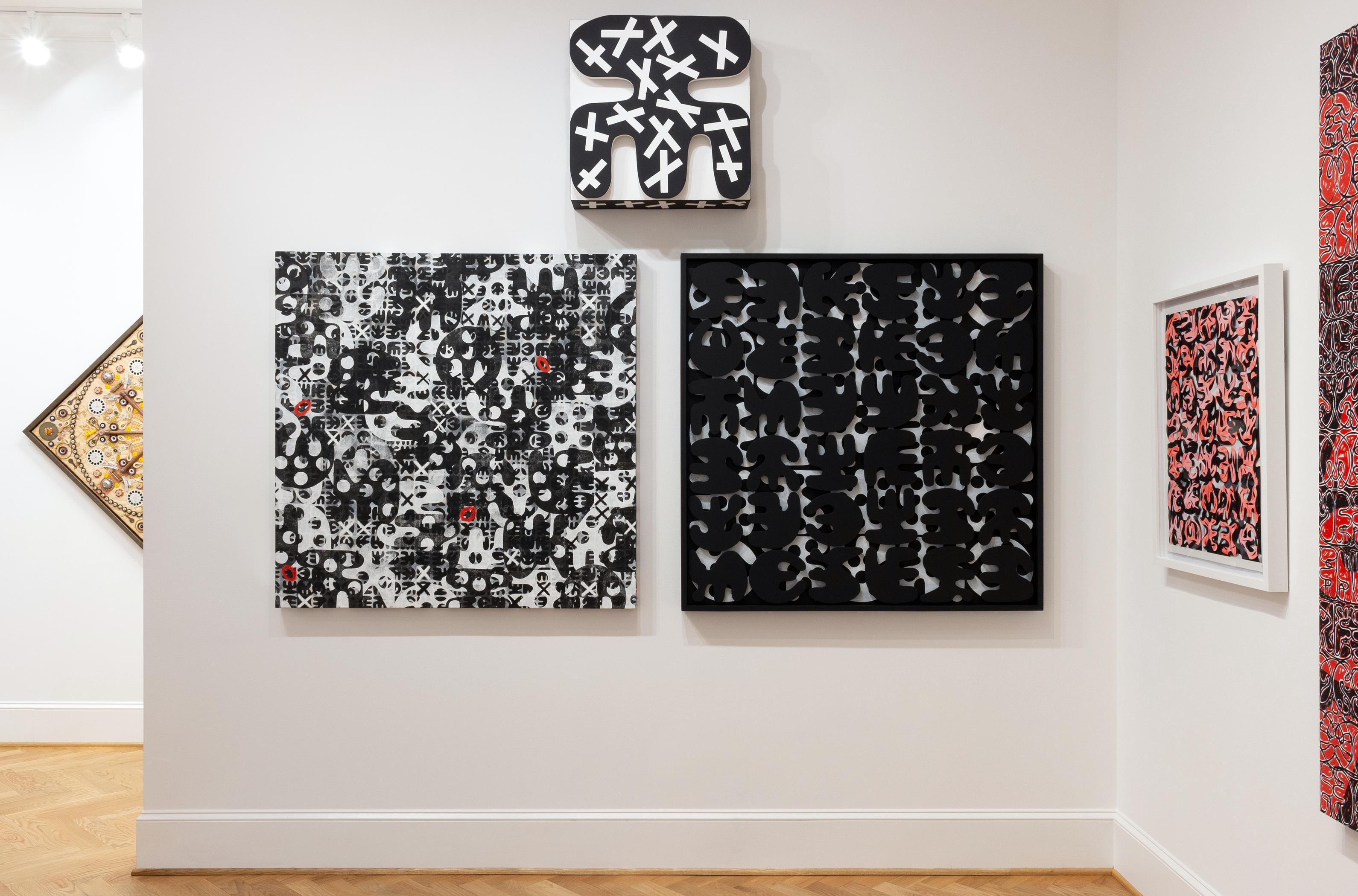 „XOXO“ – großformatiges abstraktes Gemälde, modern, schwarz, weiß, rot, Symbole im Angebot 1