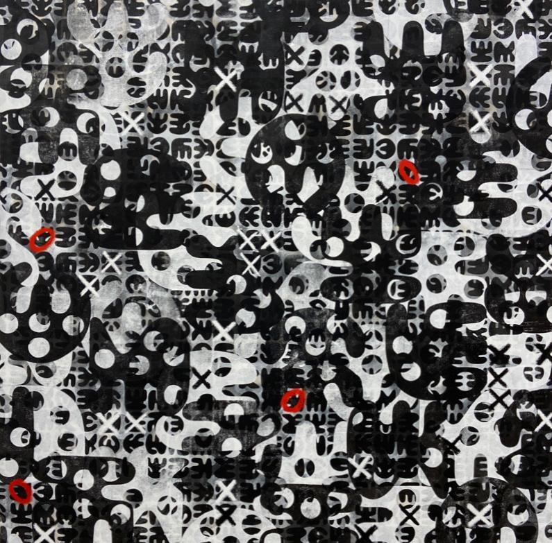 XOXO" - peinture abstraite à grande échelle, moderne, noir, blanc, rouge, symboles.