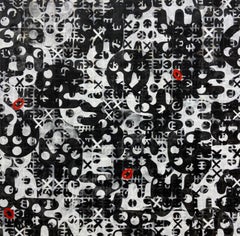 XOXO" - peinture abstraite à grande échelle, moderne, noir, blanc, rouge, symboles.