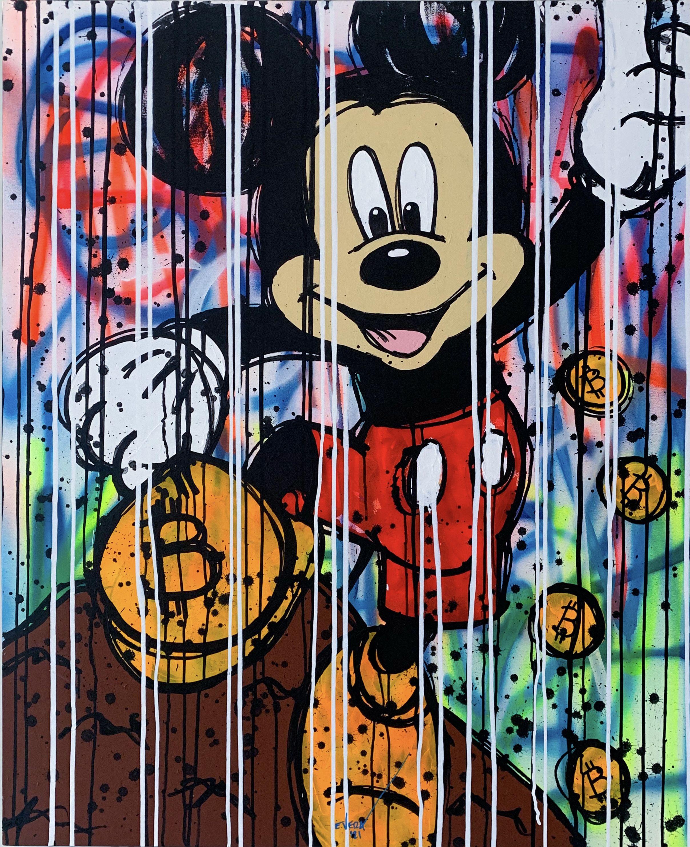 Mickey Mouse and Bitcoin inspired, great colors, acrylic and spray on canvas, great art work, exhibitions in the best Art Galleries in France, USA and Mexico. :: Painting :: Pop-Art :: This piece comes with an official certificate of authenticity
