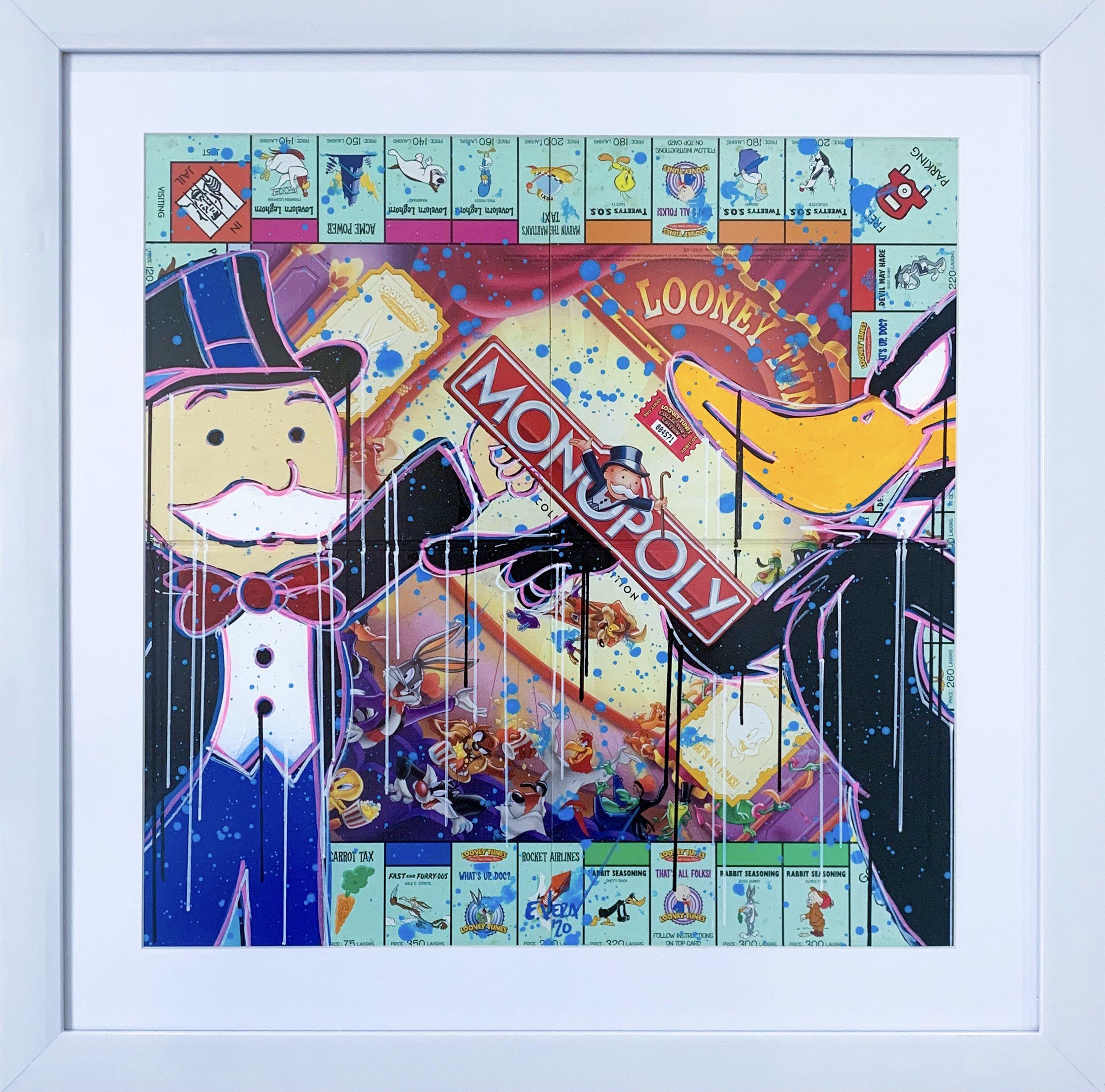This work was made on a limited edition Looney Tunes game board (serial number 004571). The artist captured 2 characters (Monopoly and Daffy Duck). In this painting the characters interact with each other as if they were competing. The title means