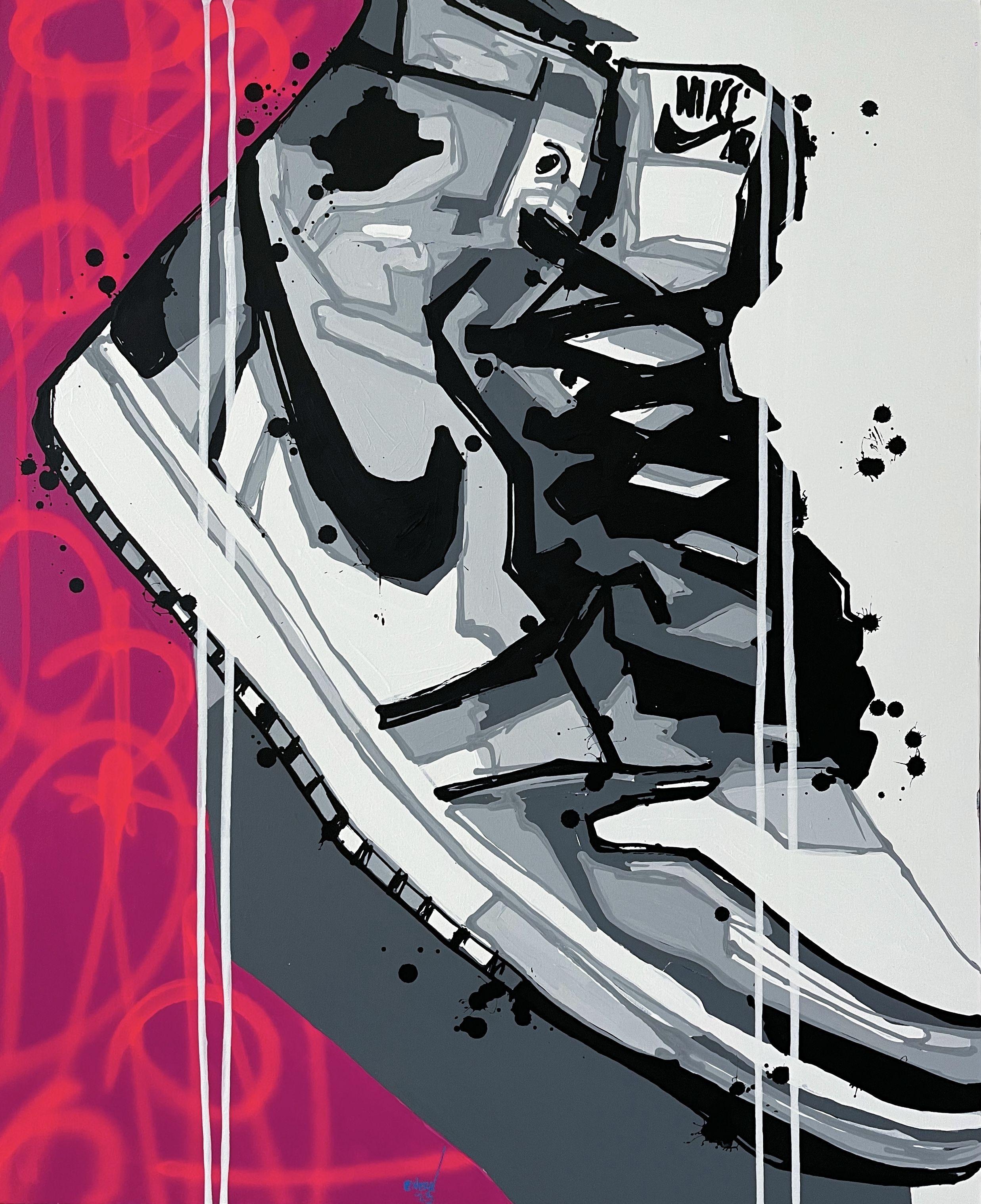 The artworks in this Limited Edition Series are visually striking and capture the iconic design of the Air Jordan 1 shoes in a bold and energetic way. The use of acrylic and spray paint adds depth and texture to the pieces, creating a sense of