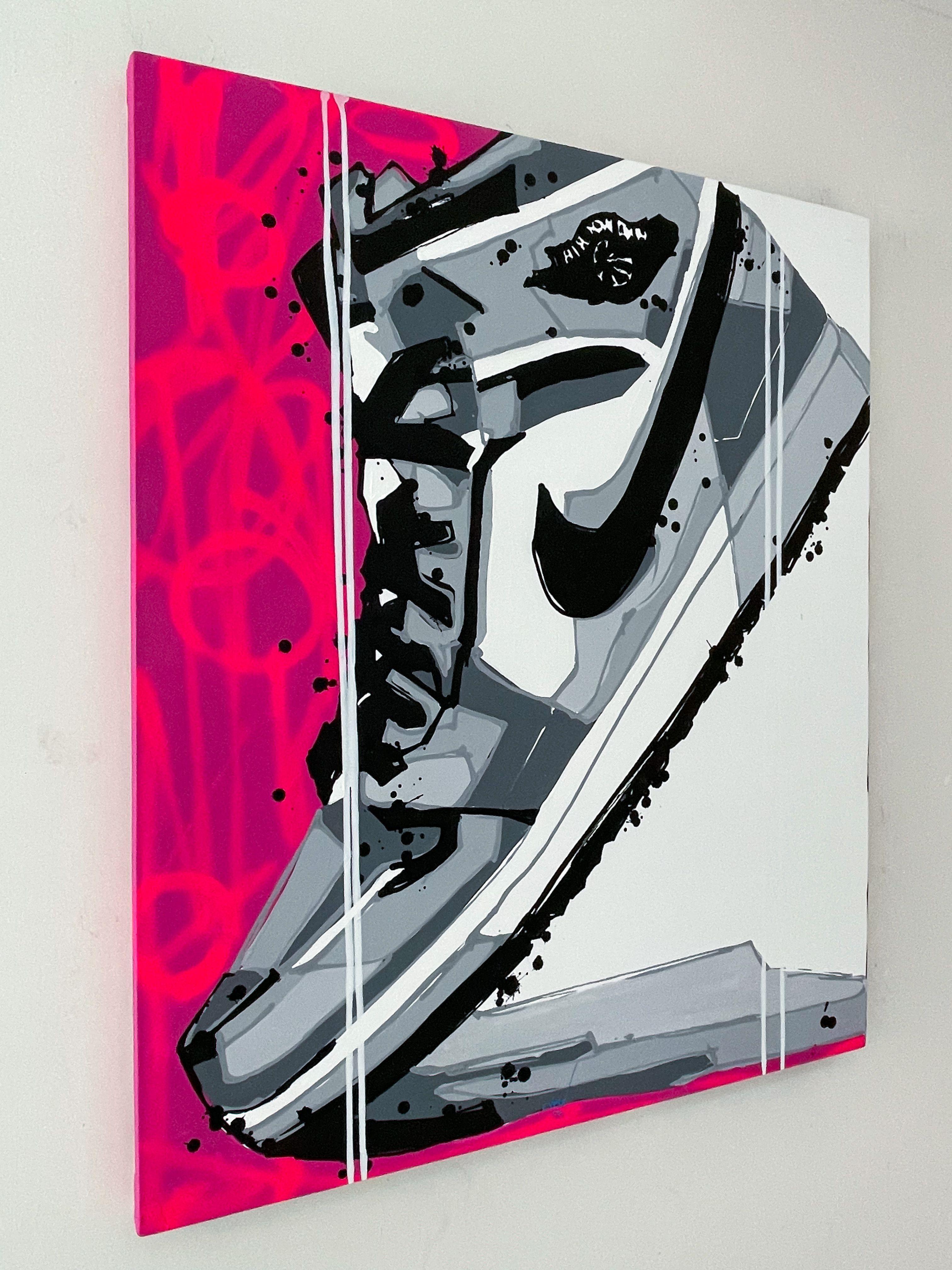 Les œuvres d'art de cette série en édition limitée sont visuellement frappantes et capturent le design emblématique des chaussures Air Jordan 1 d'une manière audacieuse et énergique. L'utilisation de l'acrylique et de la peinture en aérosol ajoute