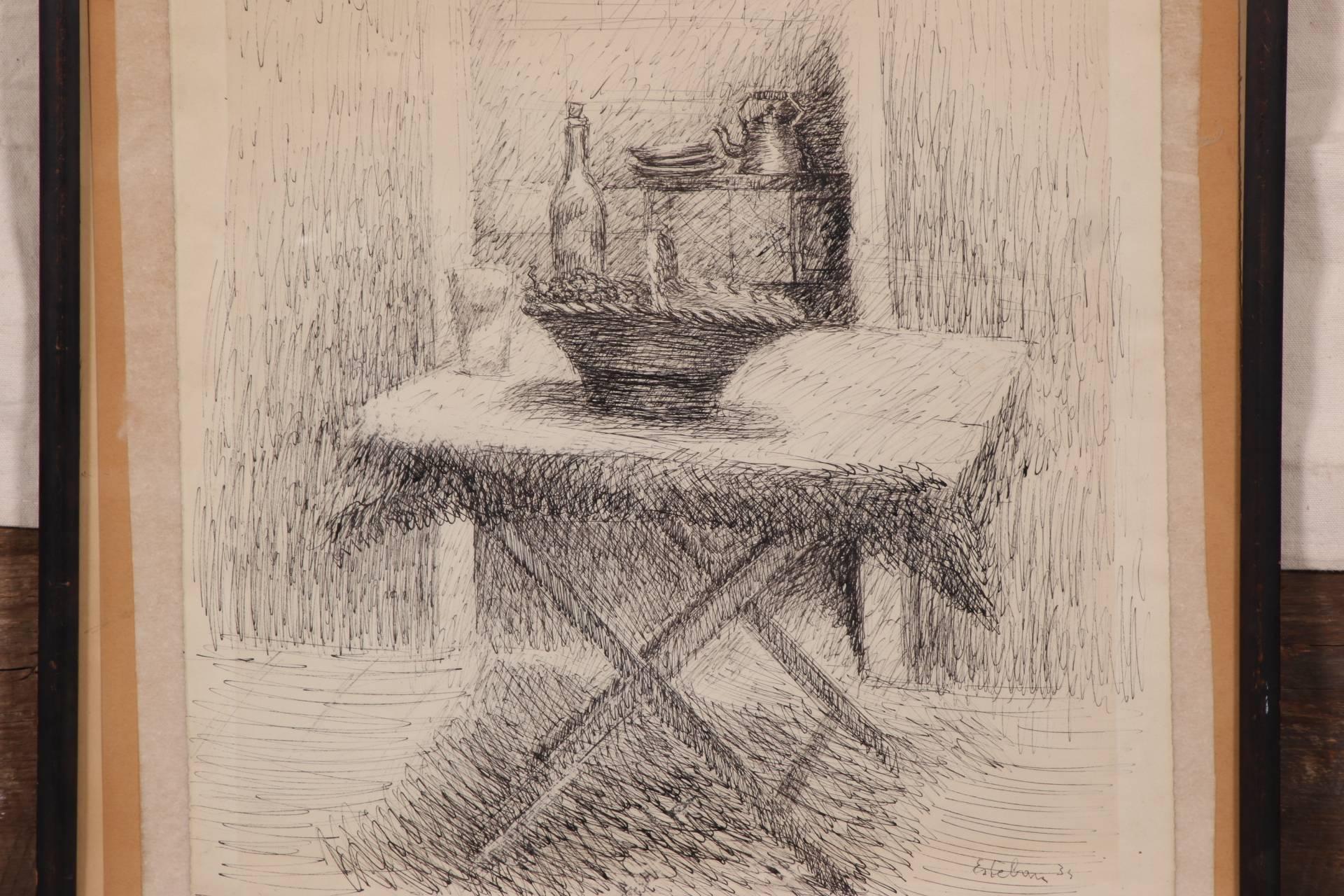 Pen and ink on paper. Still life with a table set with a basket and wine, in front of a cabinet with plates and a tea kettle.
Signed and dated 1934 in the lower right. Numbered 28 in pencil lower left corner. Taped to card at the top in the frame.