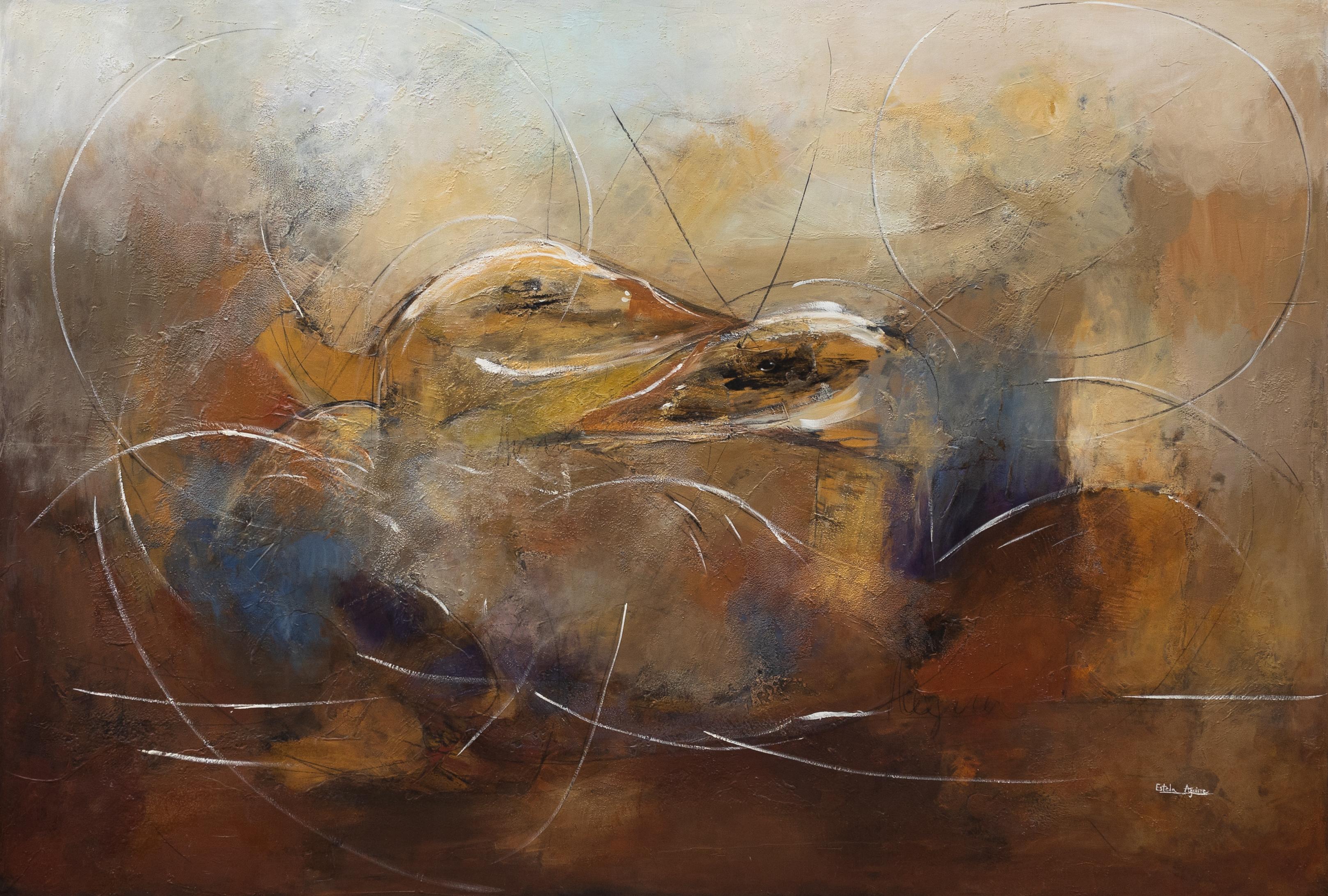 „Love Birds“ Großes 6' x 8,5' Expressionistisches Mixed-Media-Gemälde von Enten