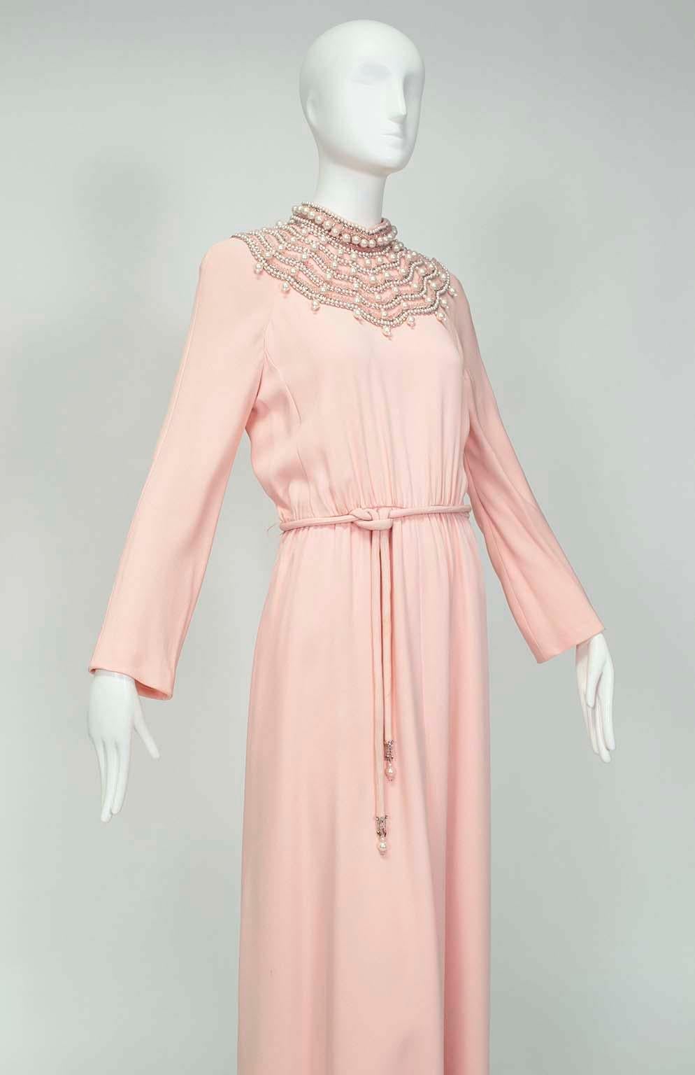 Beige Estelle Allardale Pink Silk Kiss of the Spiderwoman Jeweled Maxi Gown – M, 1960s